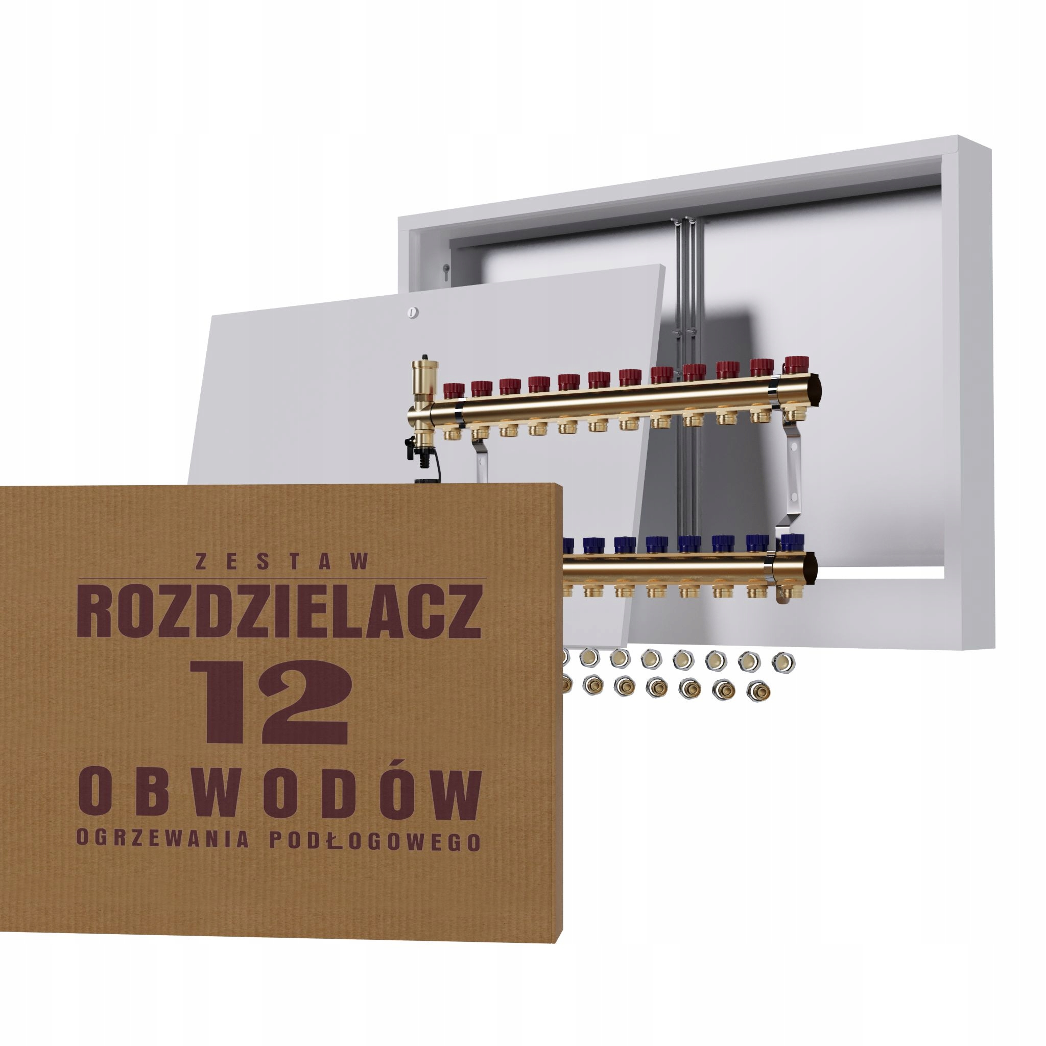 Manuální rozdělovač 12 okruhů pro radiátory nástěnná skříňka Pex