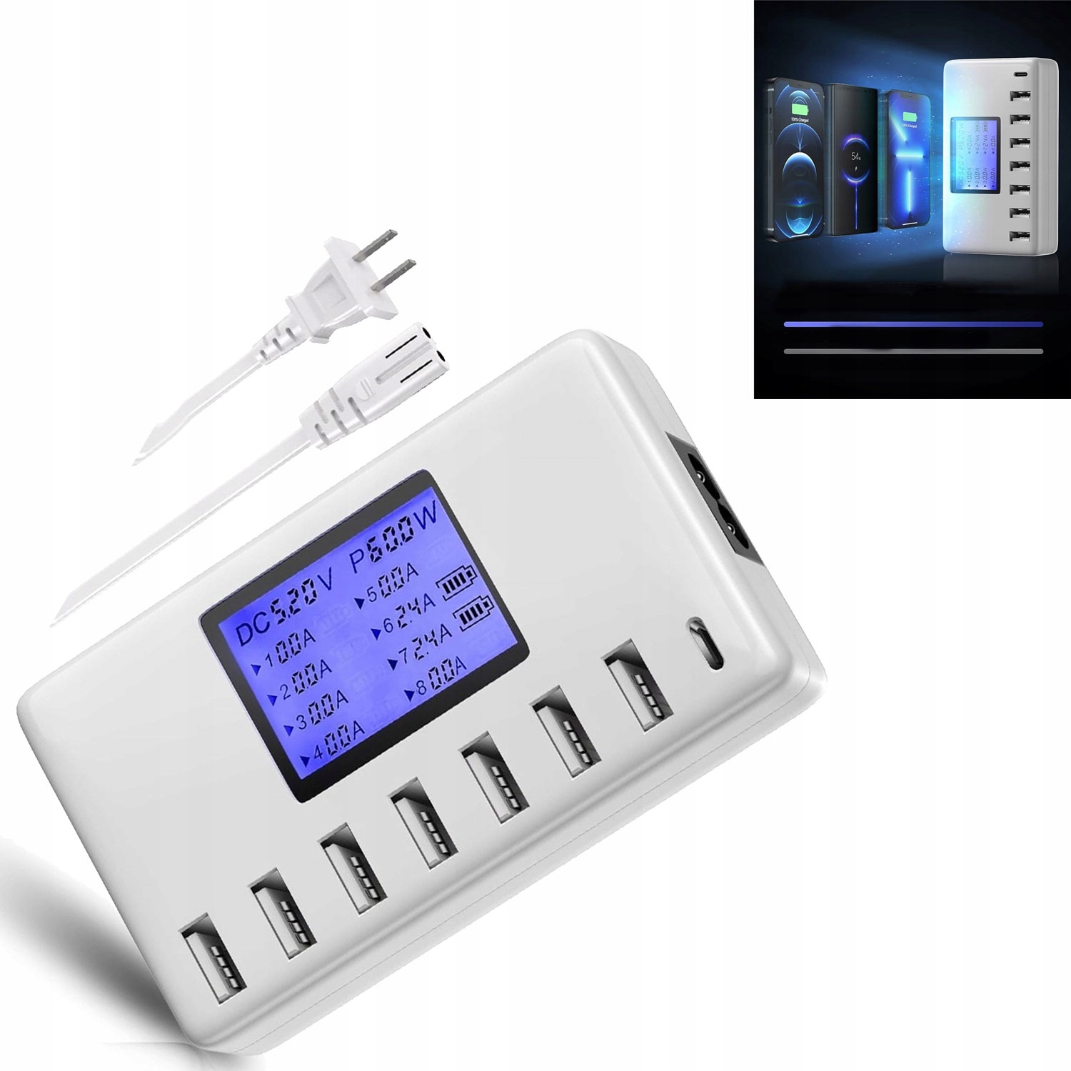 Nabíjecí Stanice Hub S 8 Porty Usb C LCD displej 60W Profesionální