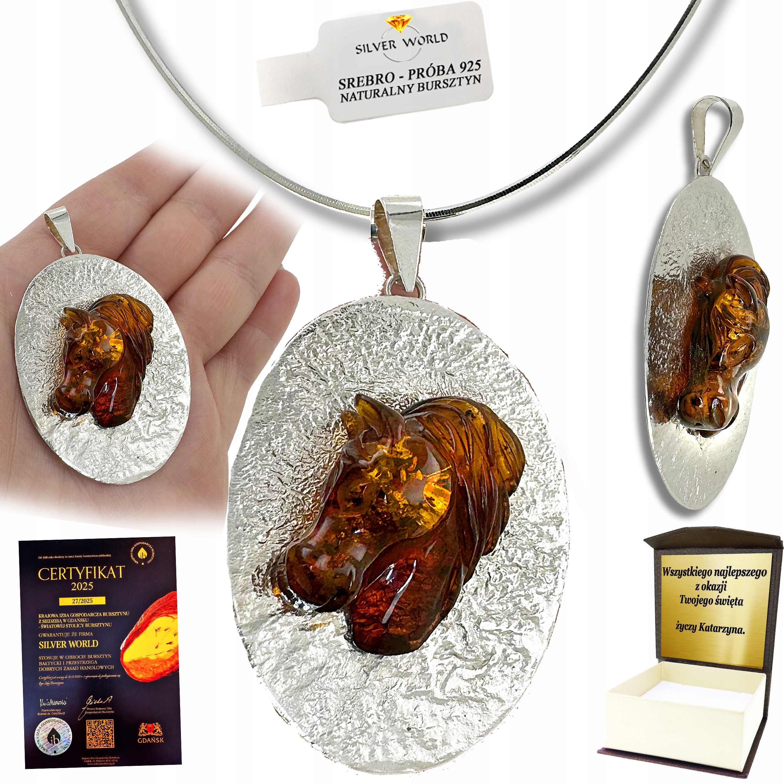 Přívěsek Stříbrný S Jantarem Umělecký Vyřezávaný Kůň Unikát Gravírování WB48