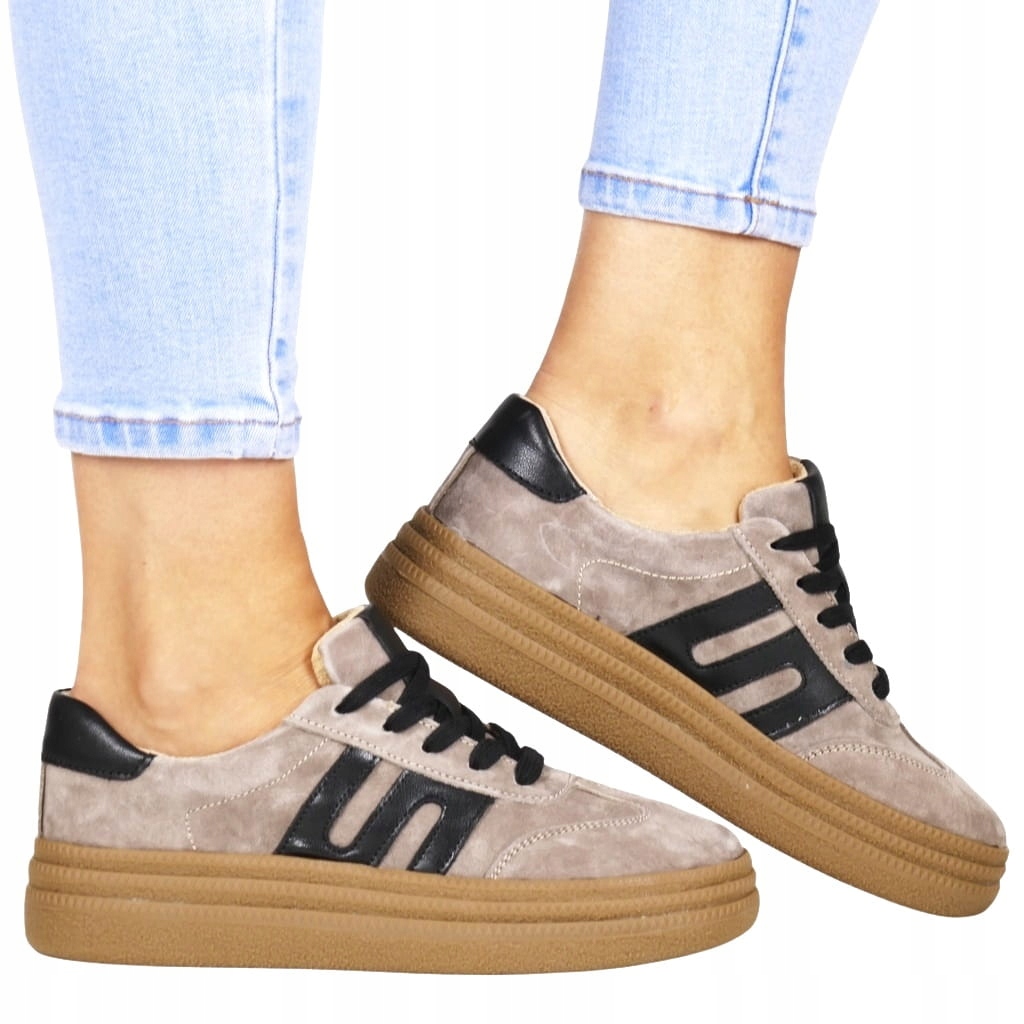 Béžovo-černé Kožené Polobotky Sportovní Tenisky Nízká Platforma