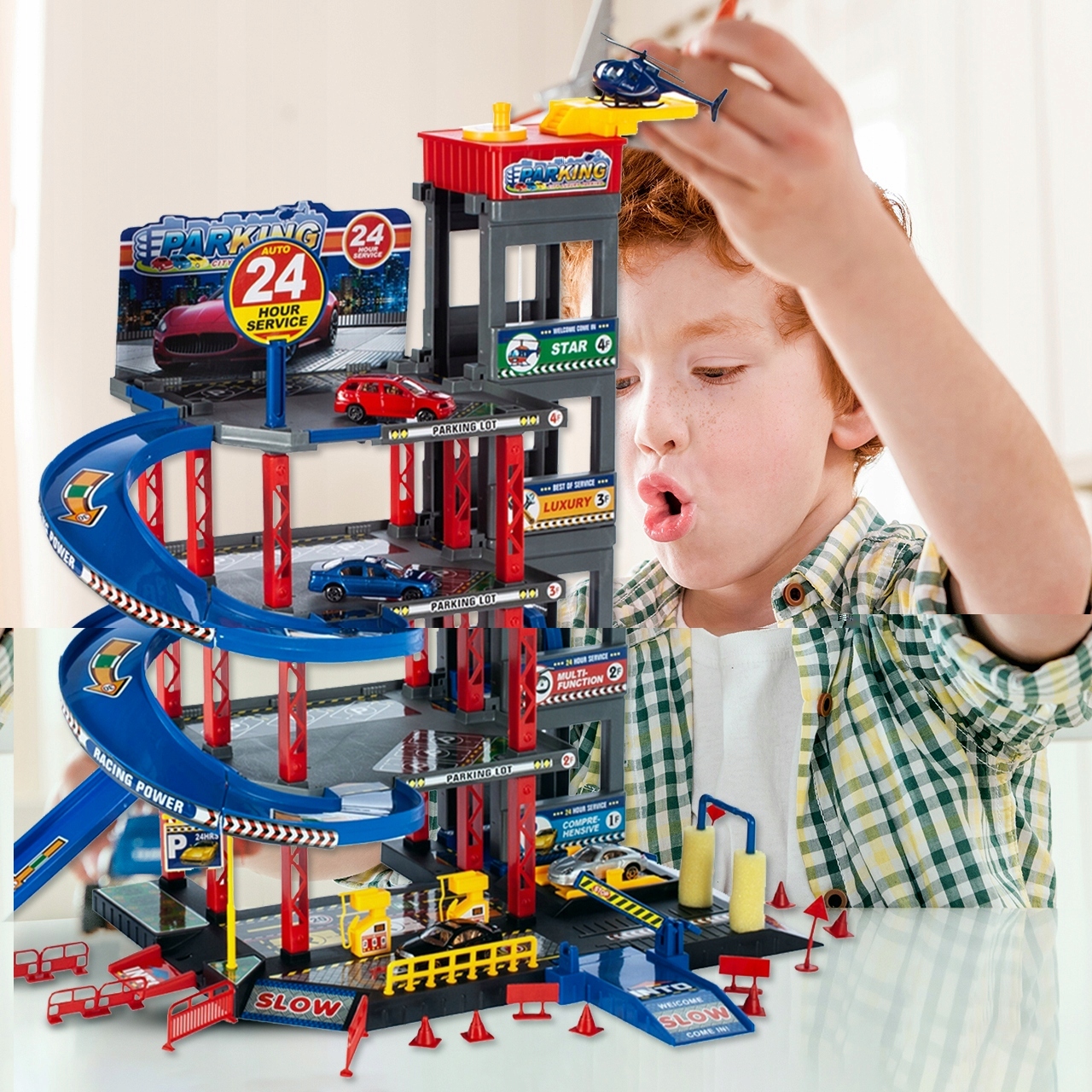 AUTÓ PARKOLÓ GARÁZS JÁTÉK NAGY TÖBBSZINTES LIFT AUTÓMOSÓ ÁLLOMÁS Szín sokszínű