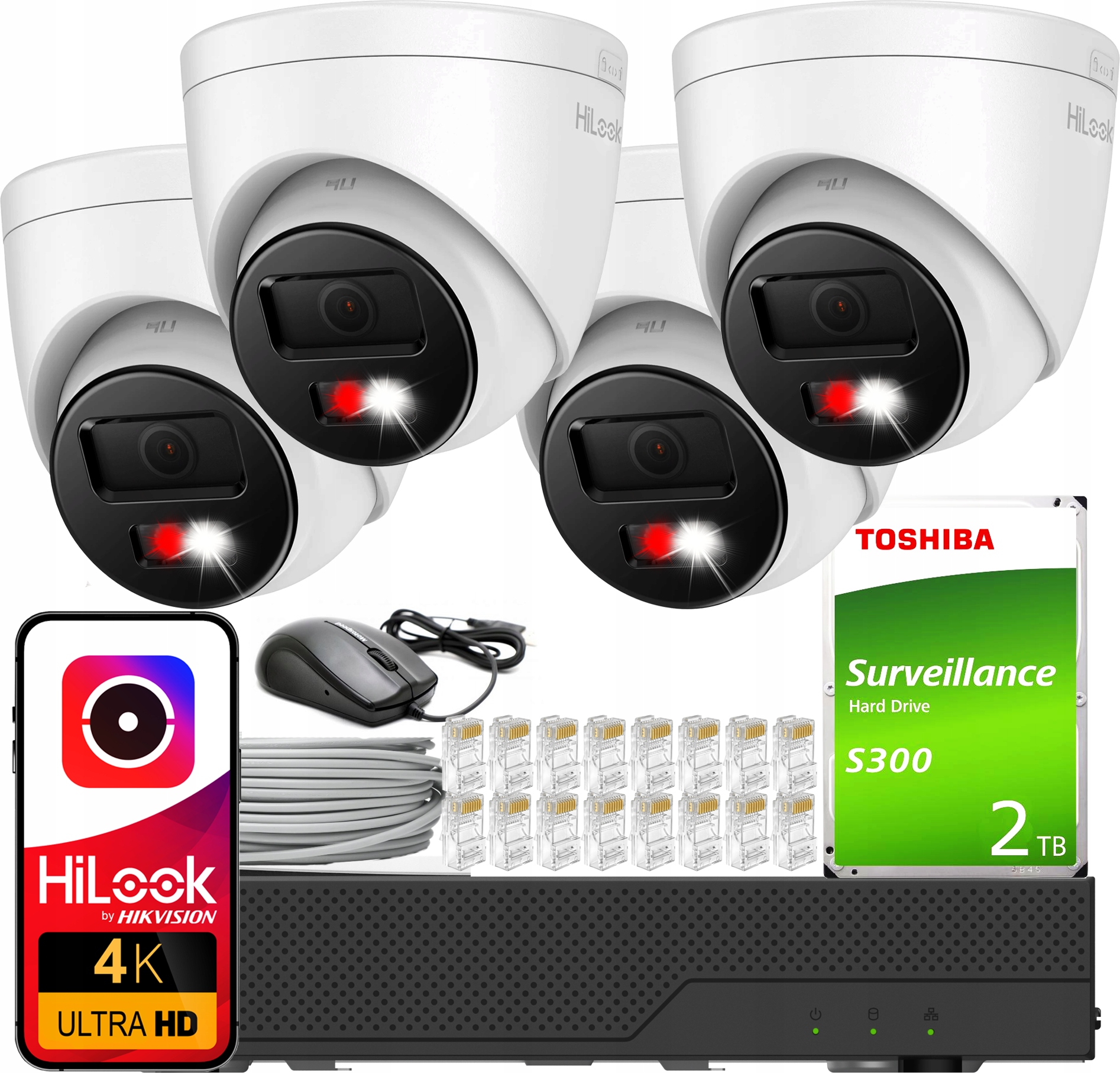 Monitorovací sada 4xIPC-T280HA-LUF/SL 8MPx HiLook od Hikvision Detekce Ai