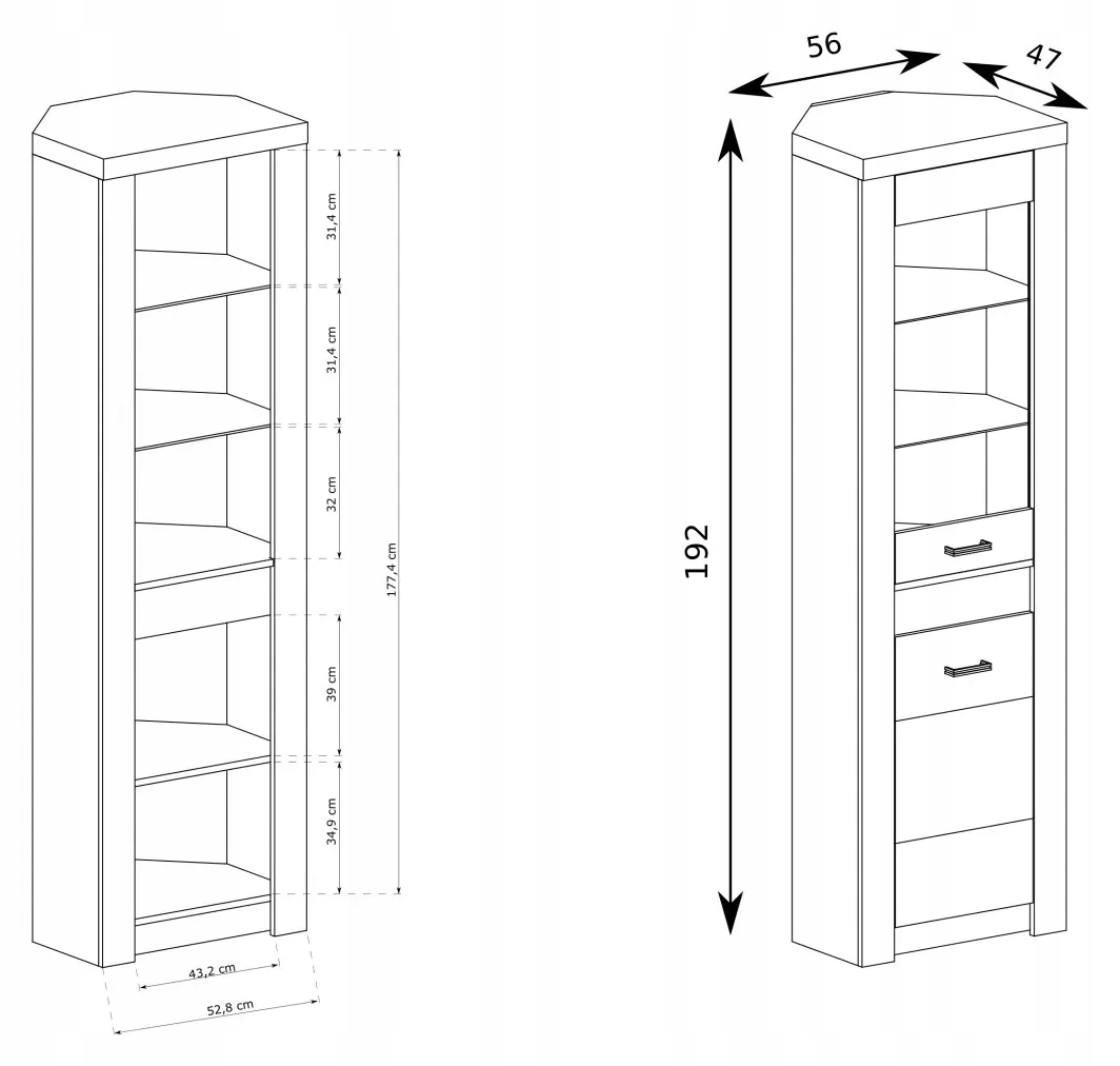 Witryna z półkami INDIANAPOLIS I-23 jesion ciemny Głębokość mebla 47 cm