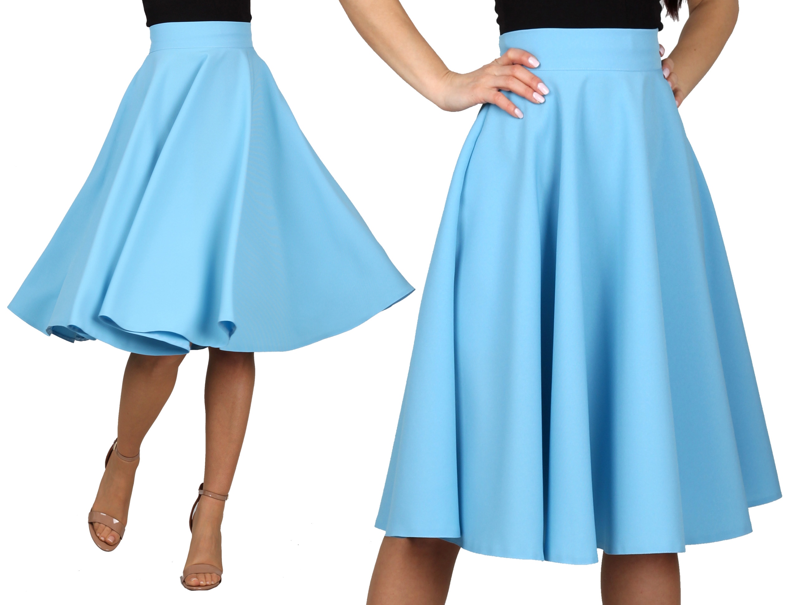 S MIDI Błękitna spódnica niebieska za kolano rozkloszowana rozłożysta