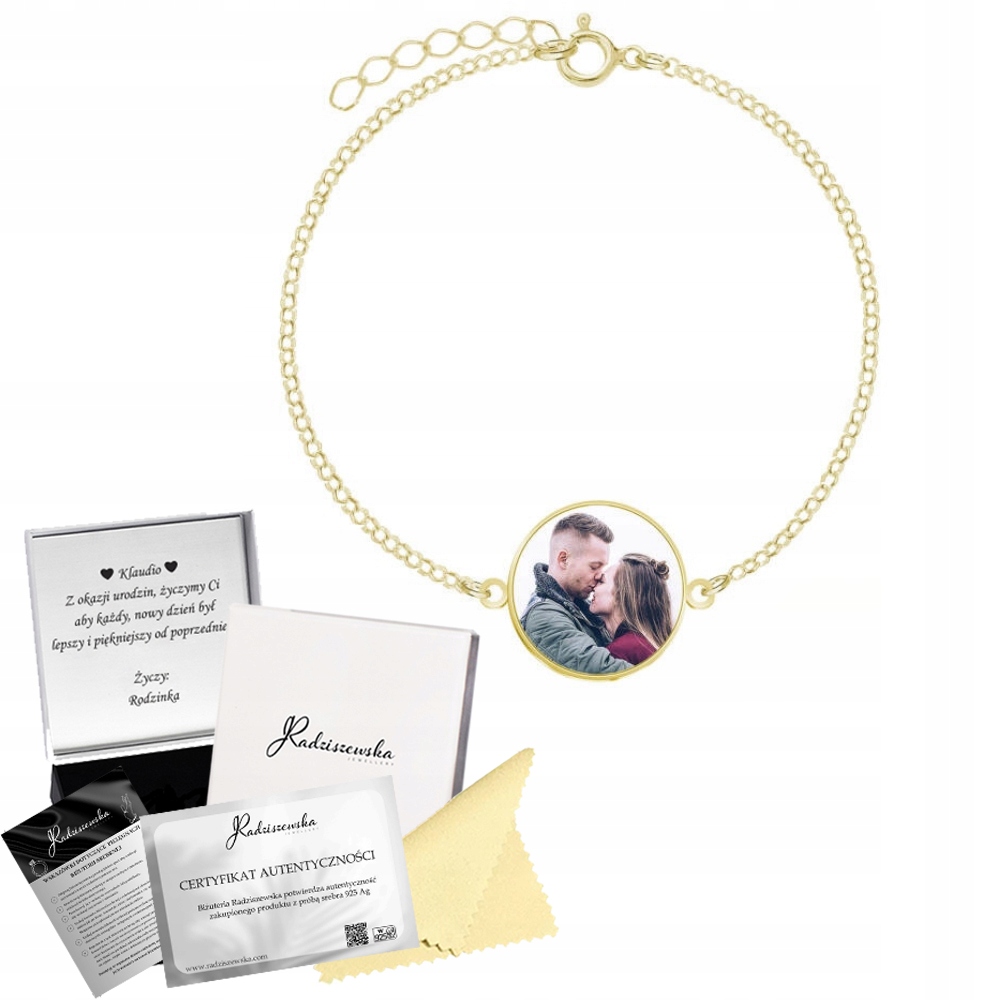 Zlatý náramek s fotografií Stříbro 925 Personalizace k narozeninám Gravírování