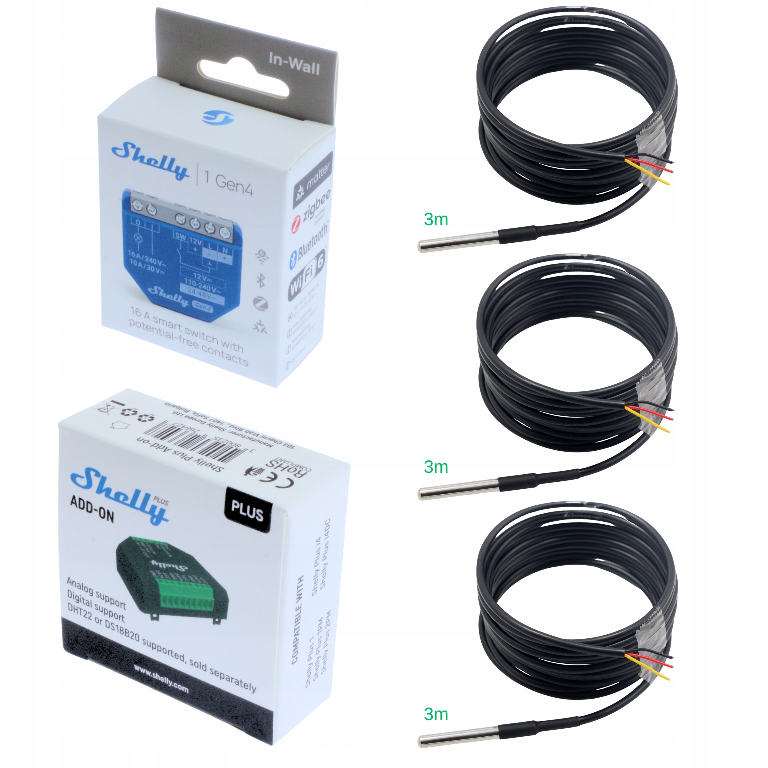 Shelly 1 Gen4 Add-on Zestaw Pomiaru Temperatury WiFi 3x DS18B20 3m