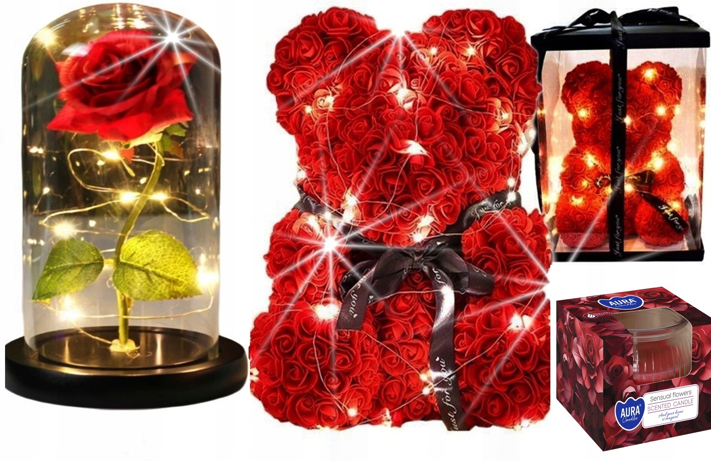 DUŻY MIŚ Z RÓŻ+WIECZNA RÓŻA W SZKLE ŚWIECI+ŚWIECZKA ZAPAC ZESTAW NA PREZENT