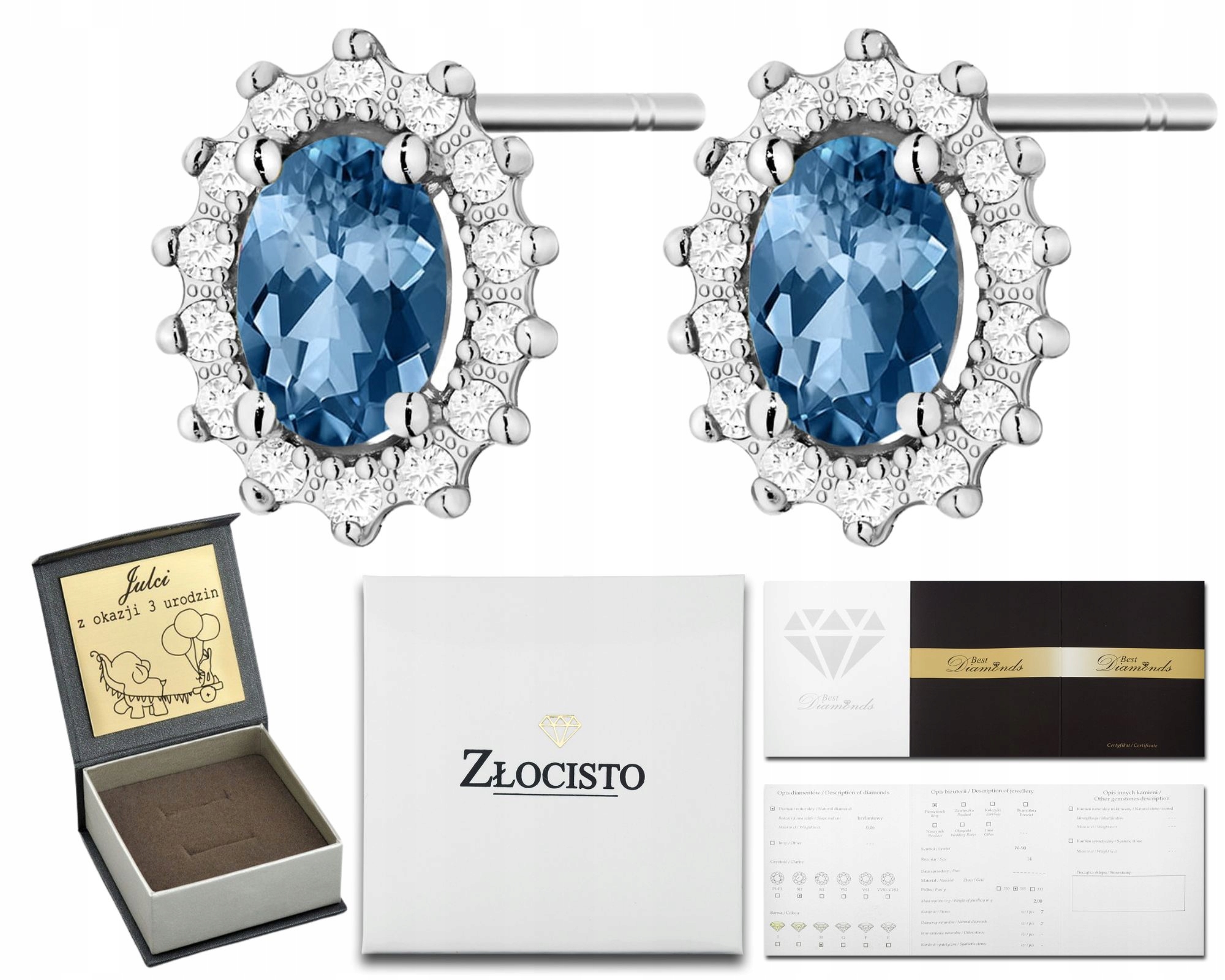 Bílé Zlato Náušnice Topaz London Blue Štítek Zlato 585 14K Jako Dárek