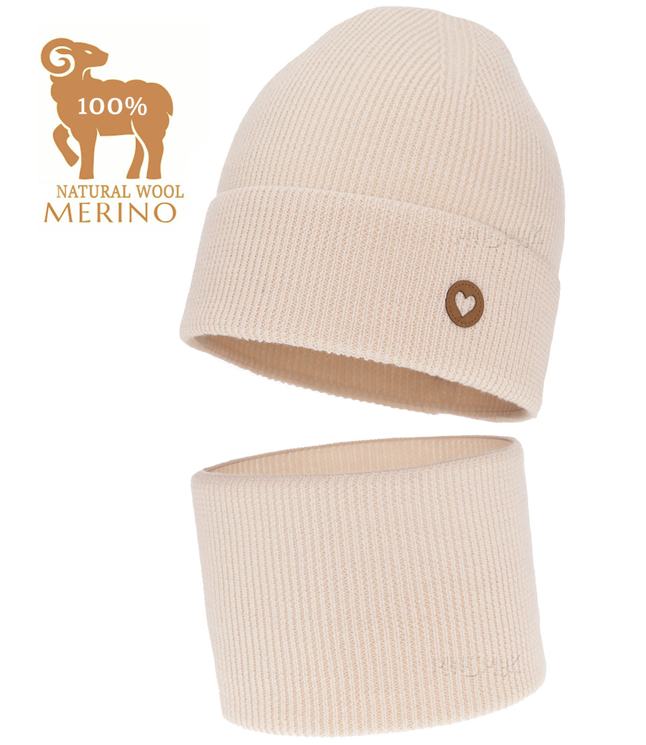 Różowy blady Komplet Wełna Merino Czapka Komin jesień wiosna Prążek r 52-54