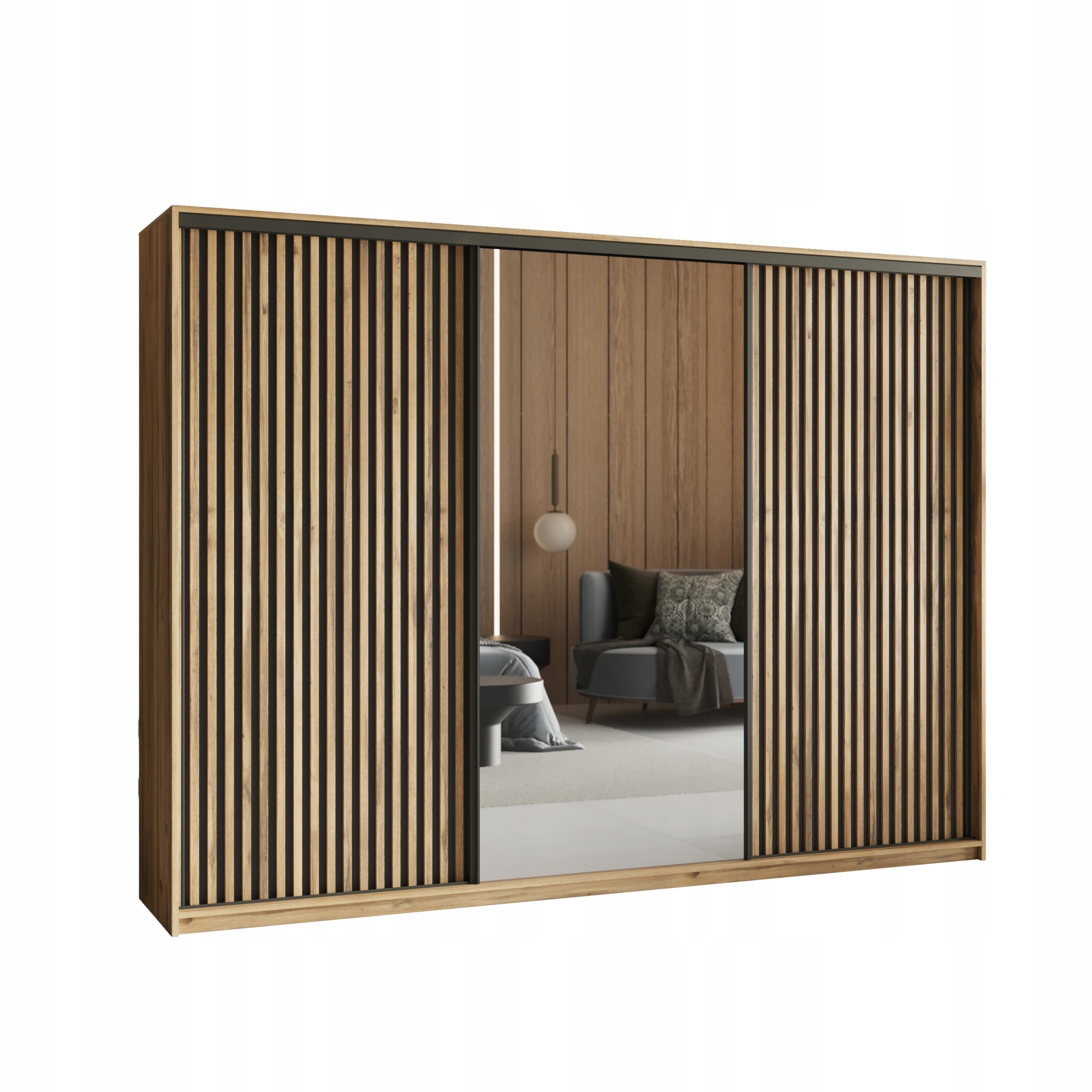 Skříň Orra 270 cm se zrcadlem Lamele 4 Zásuvky Třídveřová Wotan