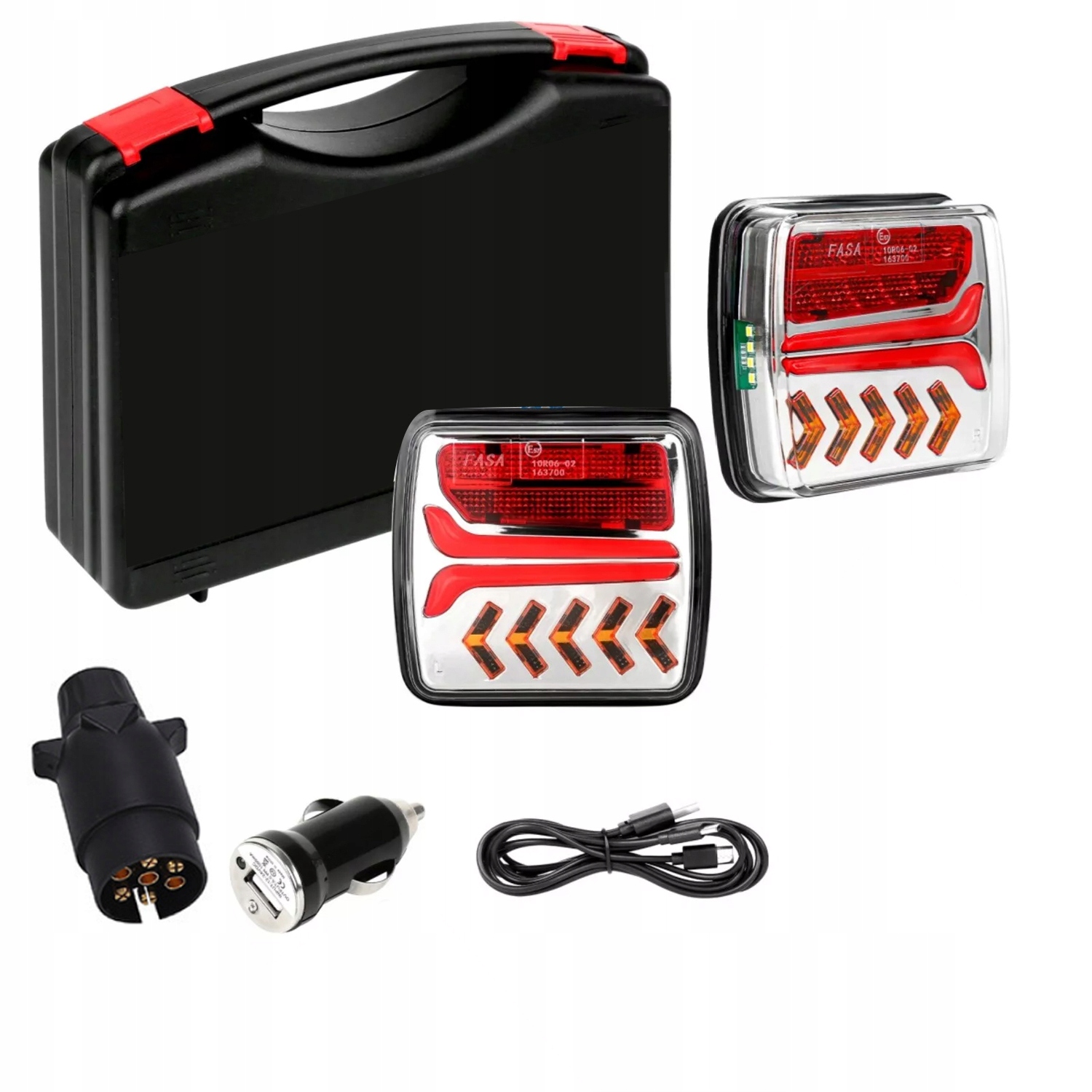 Belaidžių galinių LED lempų rinkinys su magnetais, 12–24 V, 7 kontaktų, IP65, 4 funkcijų, 2000 mAh, su numerio apšvietimu