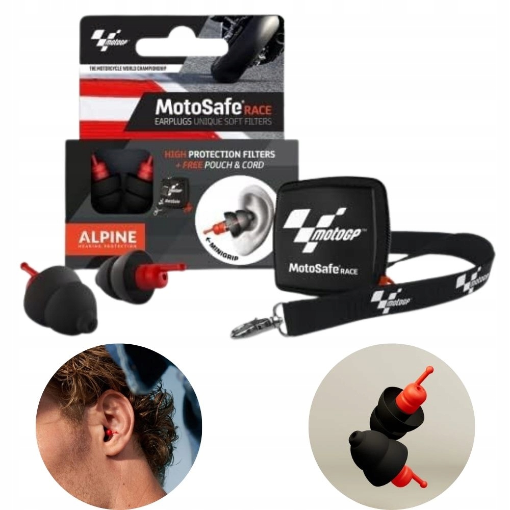 Motocyklowe Zatyczki Stopery do uszu Alpine MotoSafe Race MotoGP Smycz