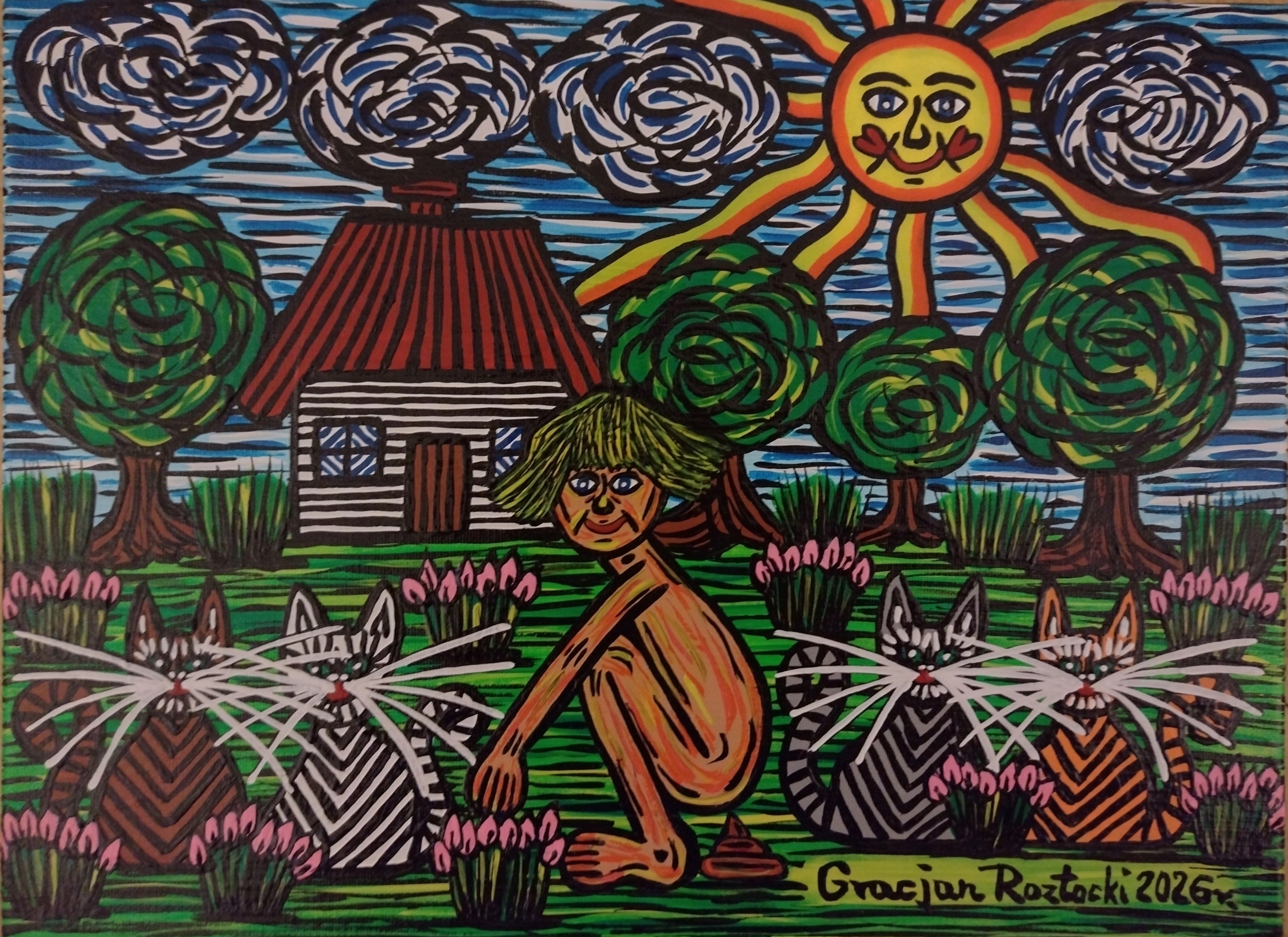Gracjan Roztocki - Kupa, kwiaty i koty PŁÓTNO 30 x 40 cm.
