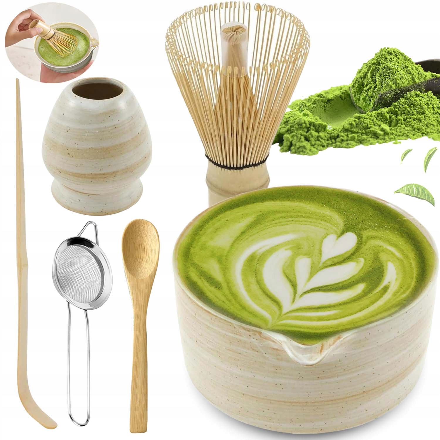 Levně Dárková Sada Na Čaj Matcha Metla Podstavec Lžička 6-DÍLNÁ