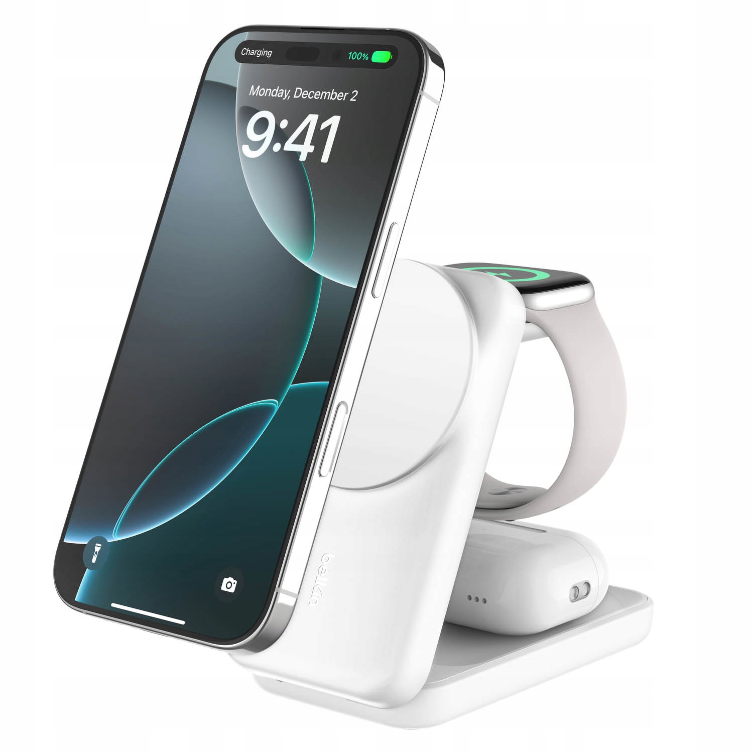 Belkin Magnetická nabíječka Qi2 25W, 3v1, skládací, napájecí zdroj 45W, bílá