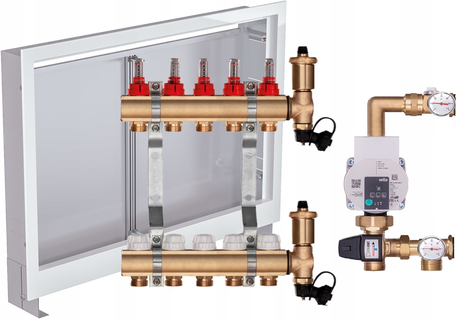 Mosazný rozdělovač na podlahu 5 s Pumpou Wilo Podomítková Skříňka