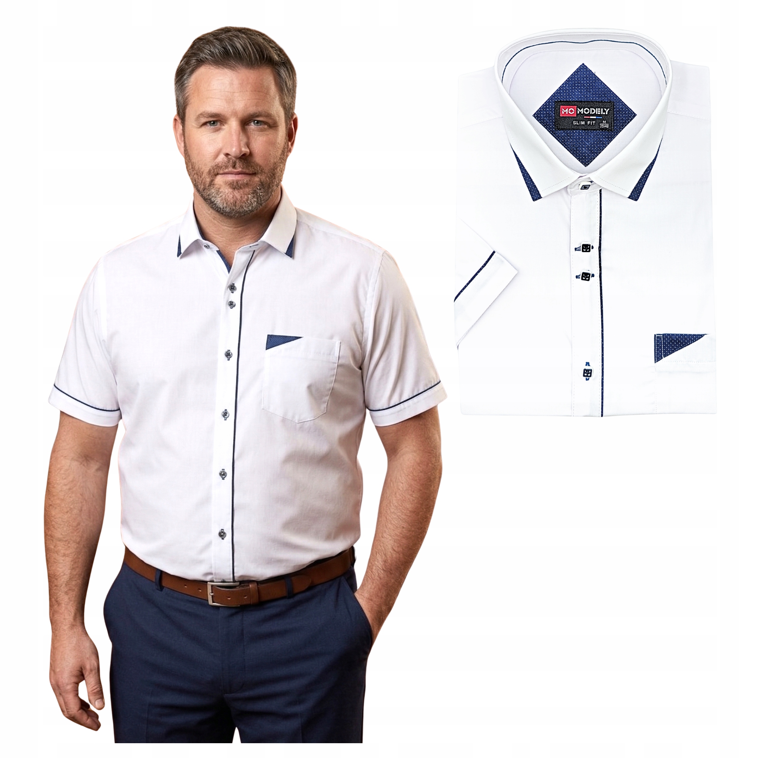 Biała Męska Koszula krótki rękaw ze wstawkami XXL 44/45 bawełna