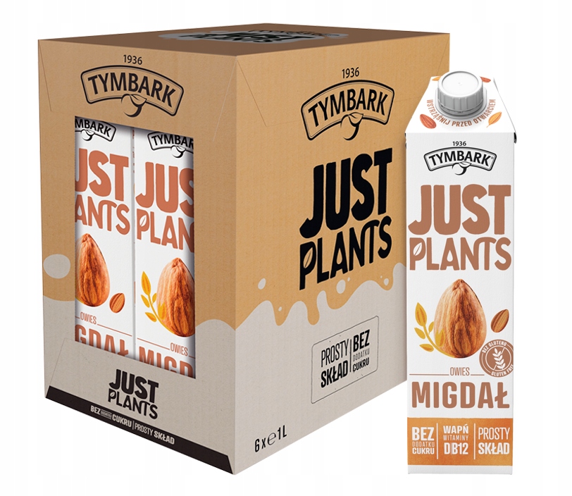 TYMBARK JUST PLANTS МИНДАЛЬ РАСТИТЕЛЬНЫЙ НАПИТОК БЕЗ DOD. Сахар без глютена 6x 1 л