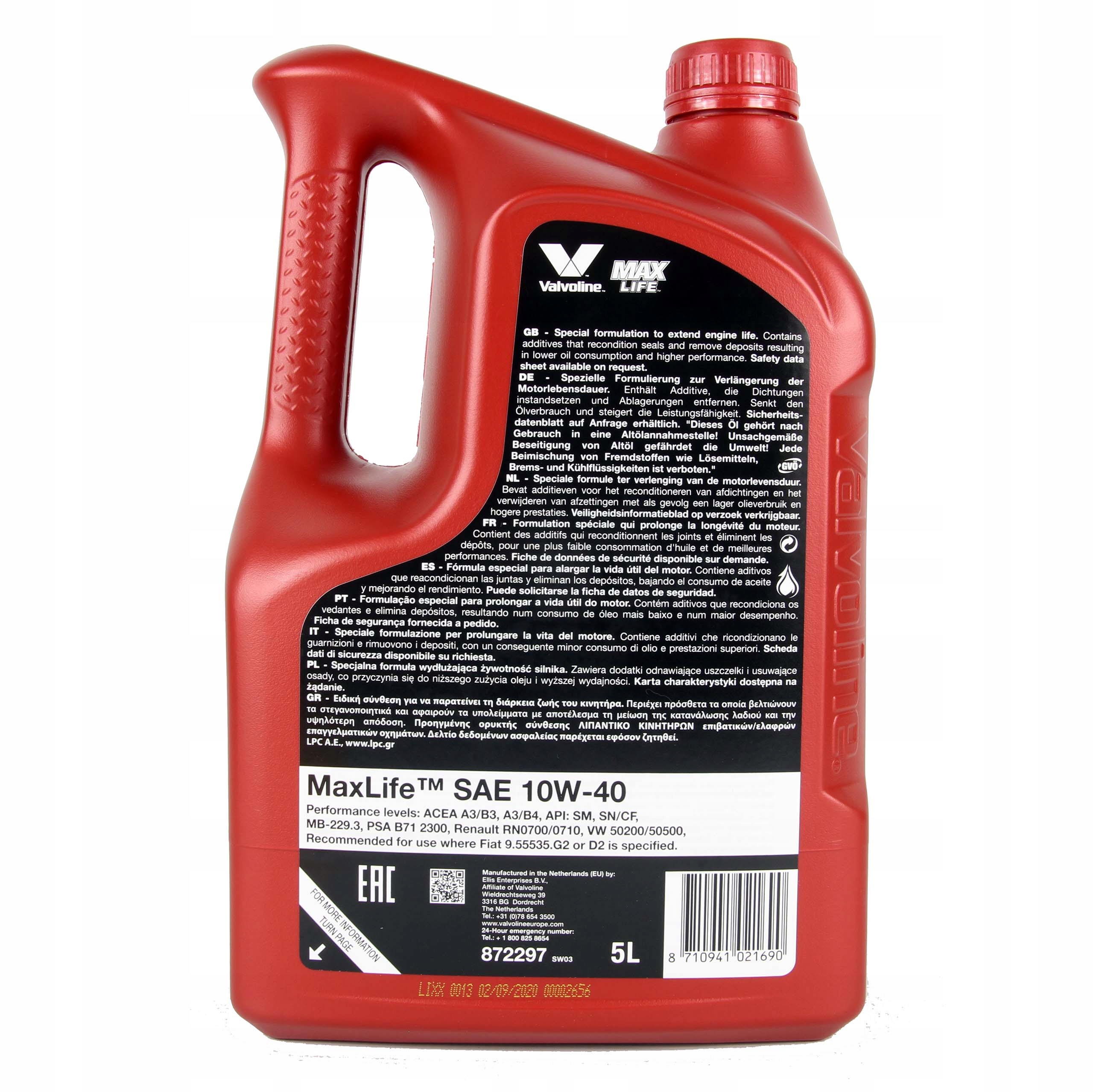 VALVOLINE MAX LIFE 10W40 5L Rodzaj półsyntetyczne