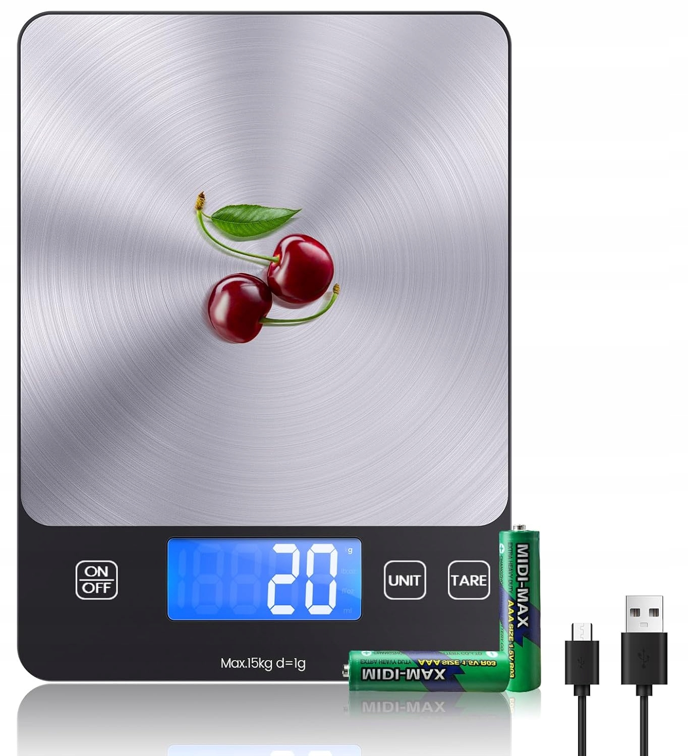 Digitální kuchyňská váha, Usb-c, 15 kg, vysoká přesnost 1 g/0,1 oz