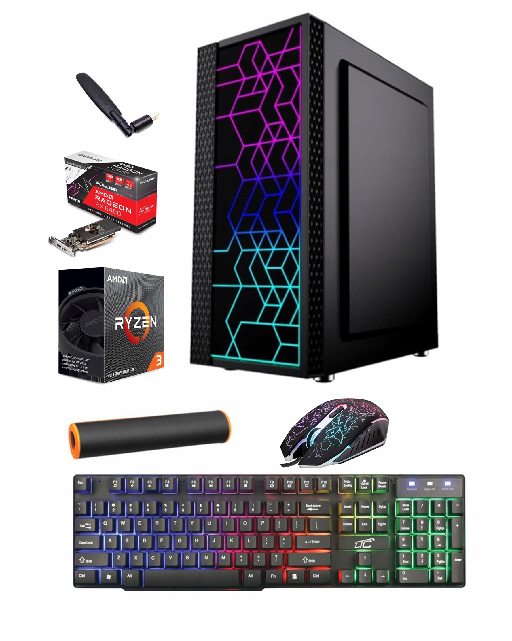 KOMPUTER GAMING TOWER RYZEN 3 4100 16/480SSD RX 6400 4GB WIN10 + AKCESORIA