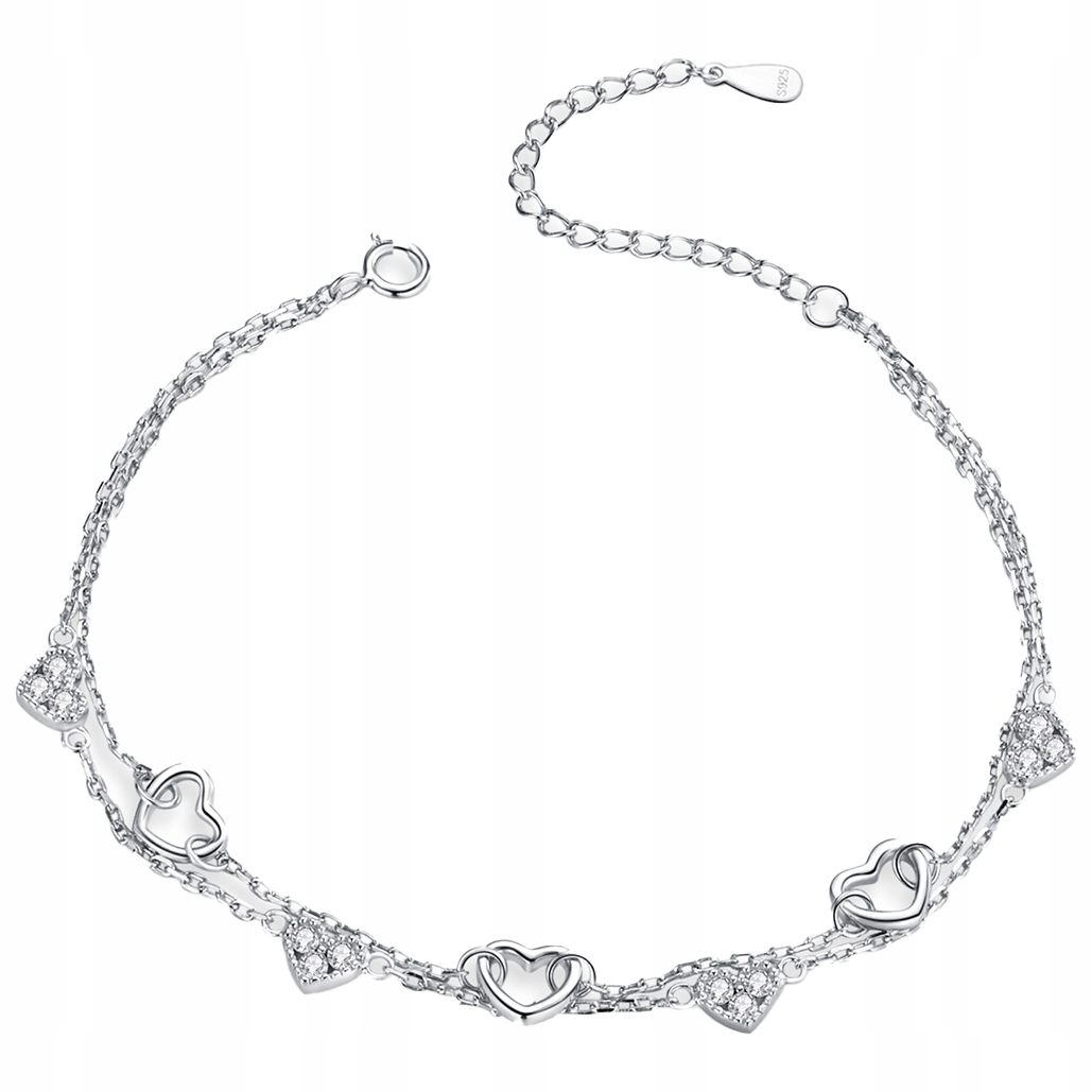 

Bransoletka srebrna Podwójna Serca cyrkonie S925