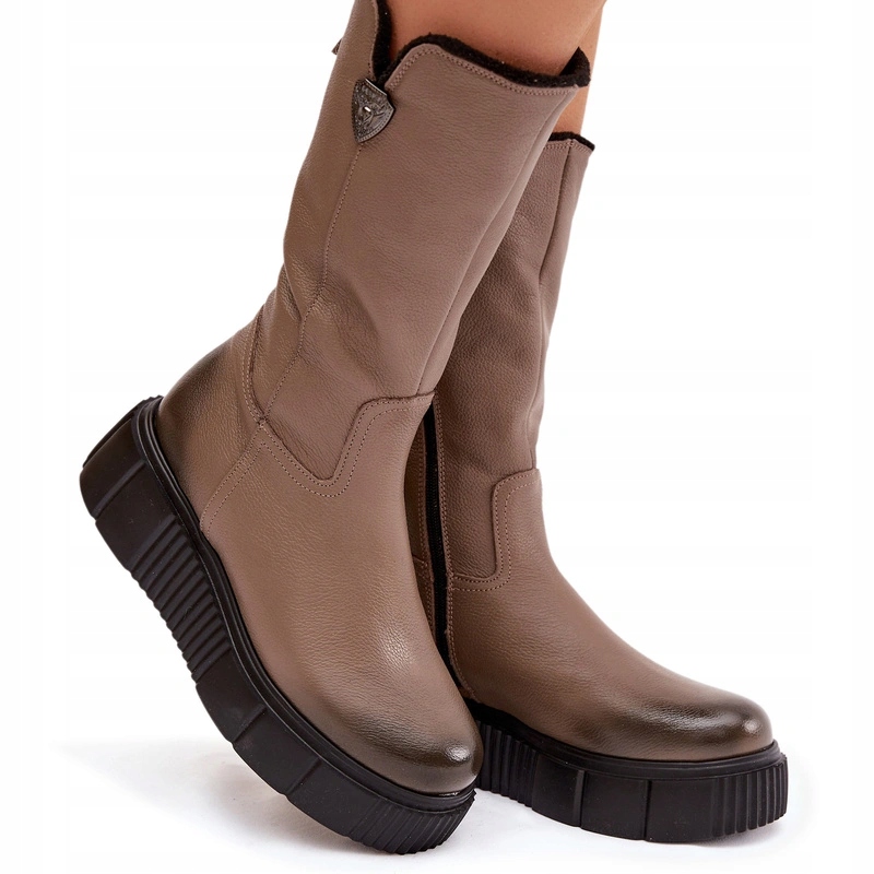 Kožené Kozačky Na Platformě A Podpatku Zazoo 70121 Tmavě Béžové 37