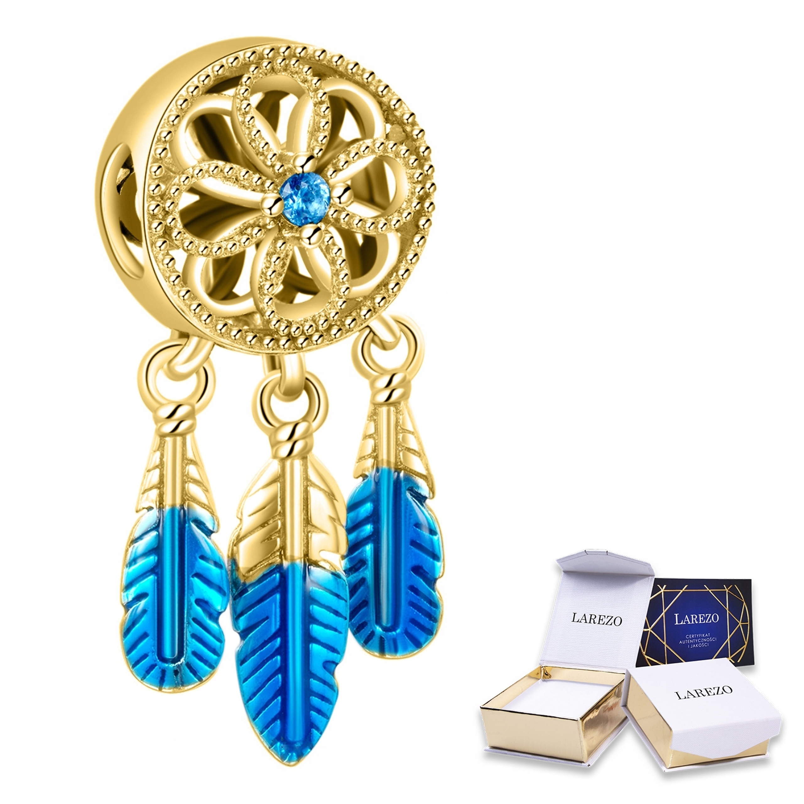 Charms Zlatý Modrý Mystický Lapač Snů Peří Pírka Stříbro 925