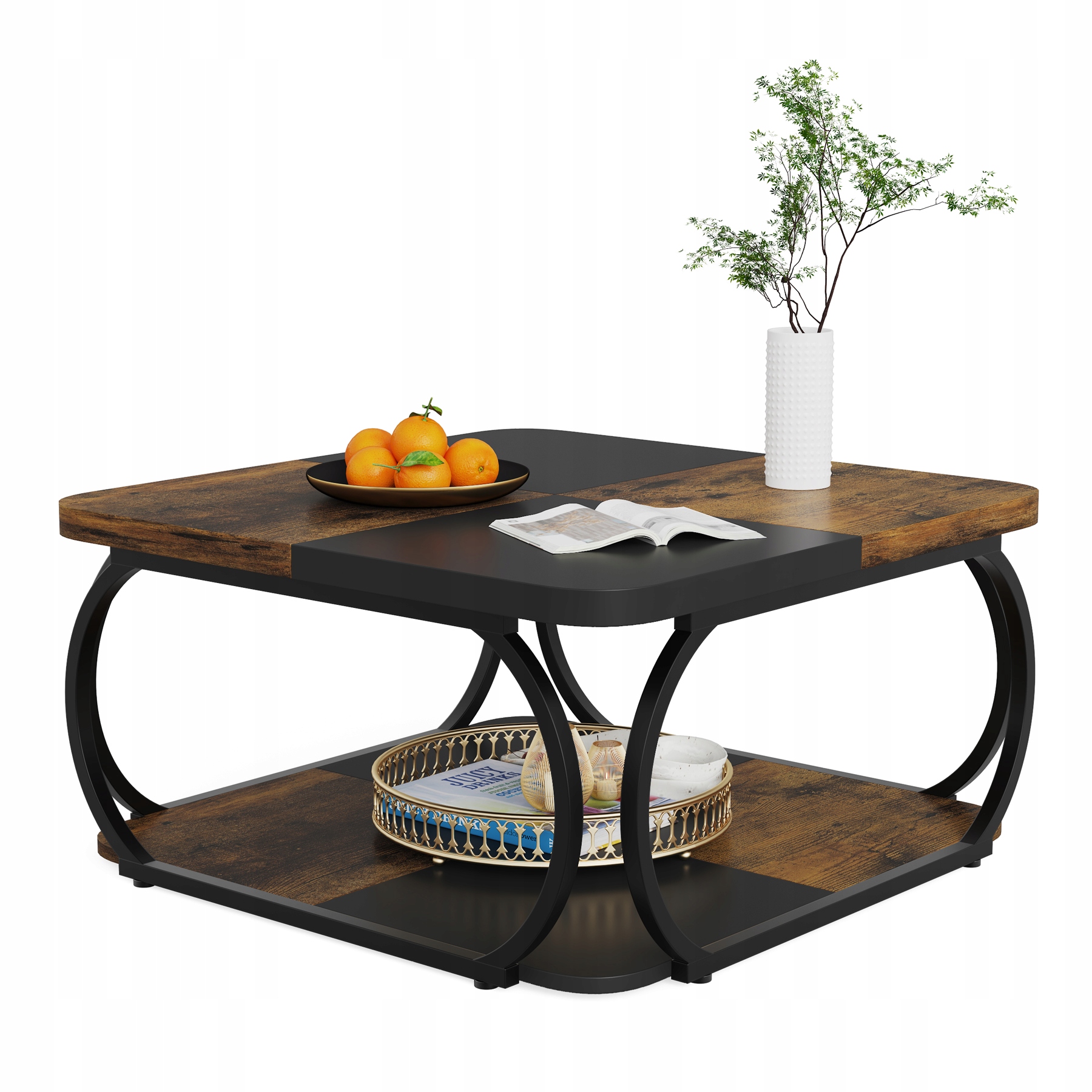 Čtvercový Konferenční Stolek S Dřevěnou Policí Do Obývacího Pokoje 100 x 100 x 50 CM