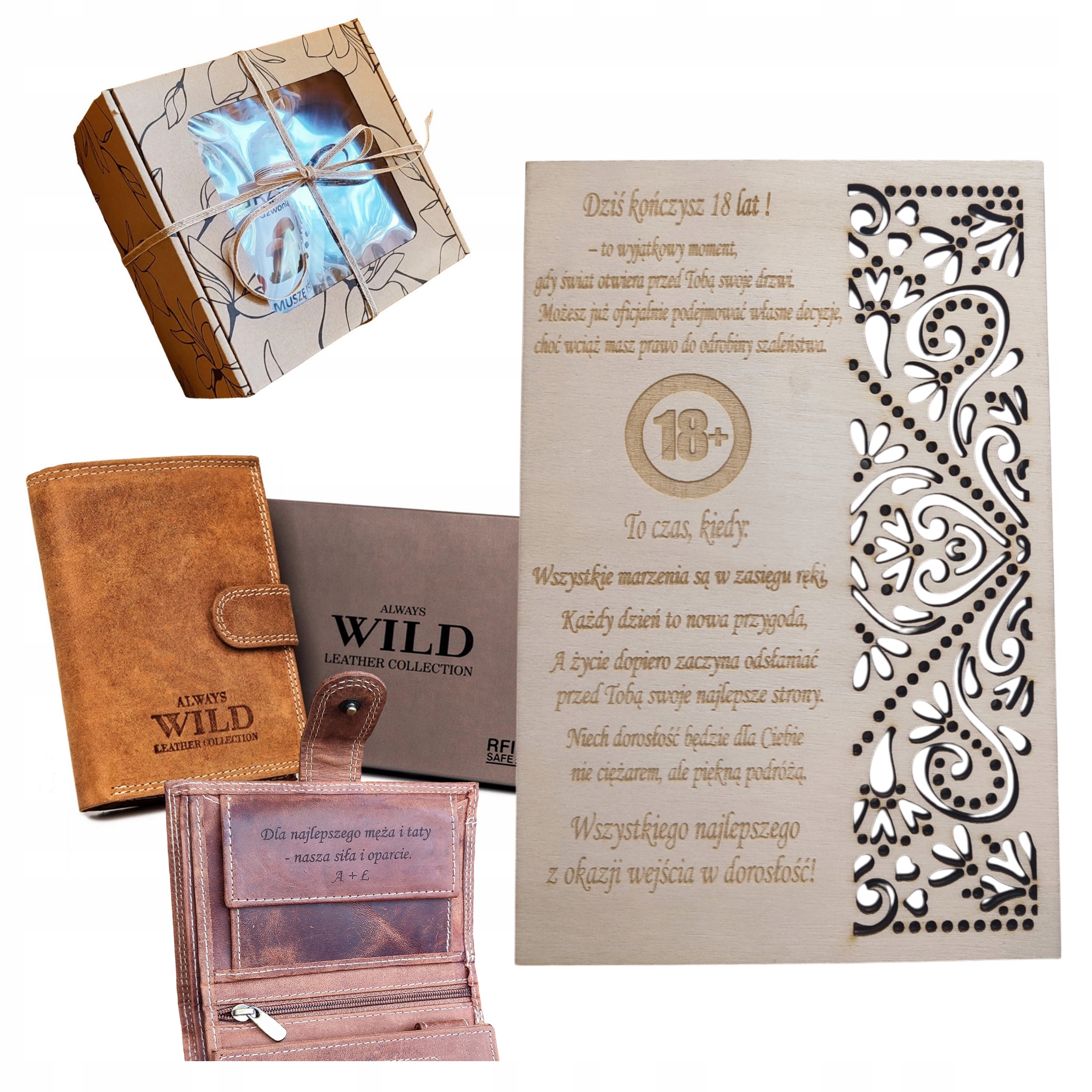 Na 18 Urodziny Dla Faceta Skórzany Portfel Z Grawerem Kartka Ażur