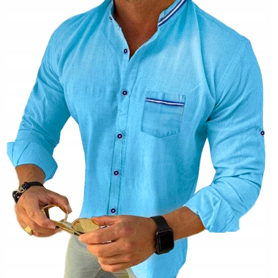 Pánská košile Každodenní stojáček Lněná Prodyšná Len Kapsa