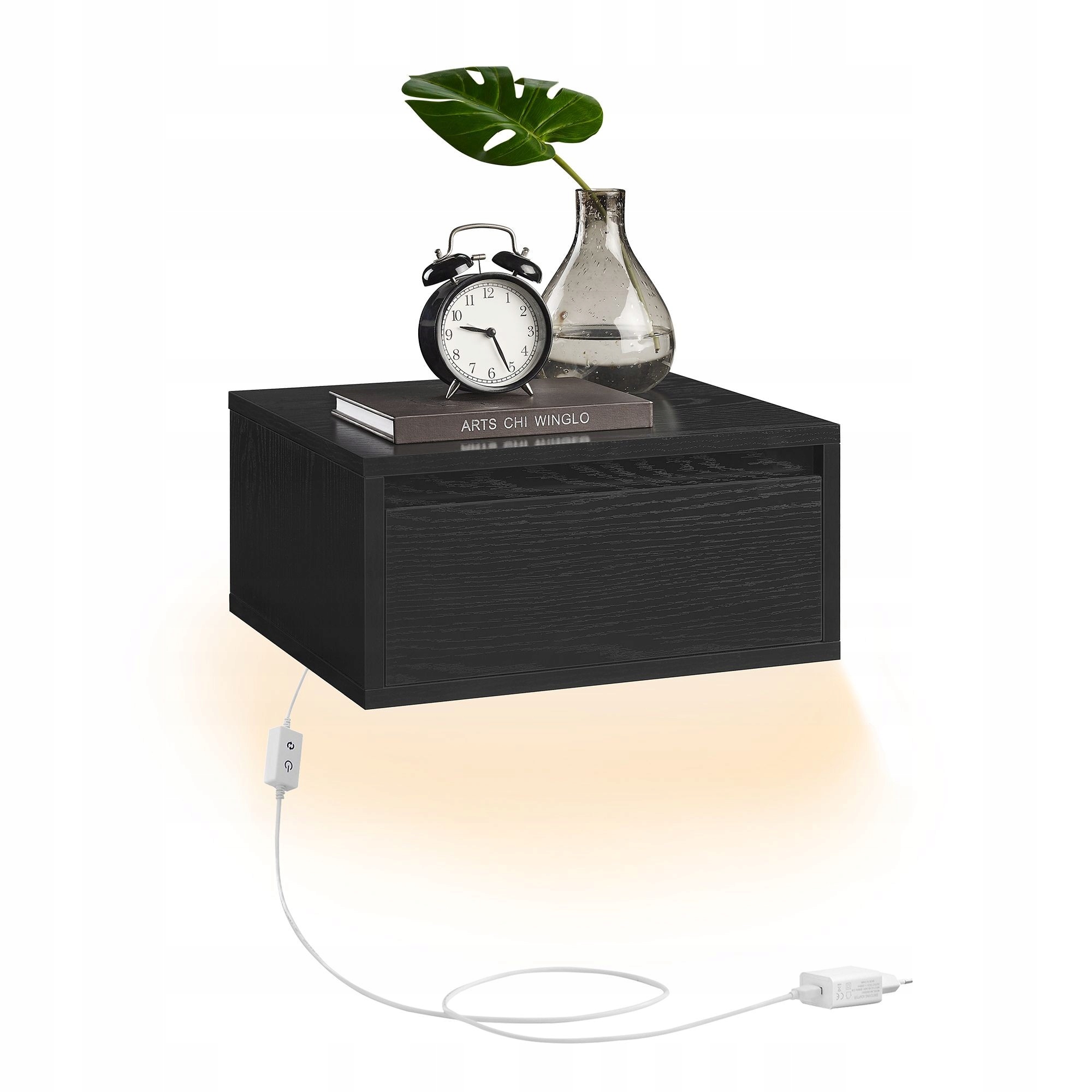 Praktická nástenná nočná skrinka s vstavanou zásuvkou a lampou, ebenová čierna