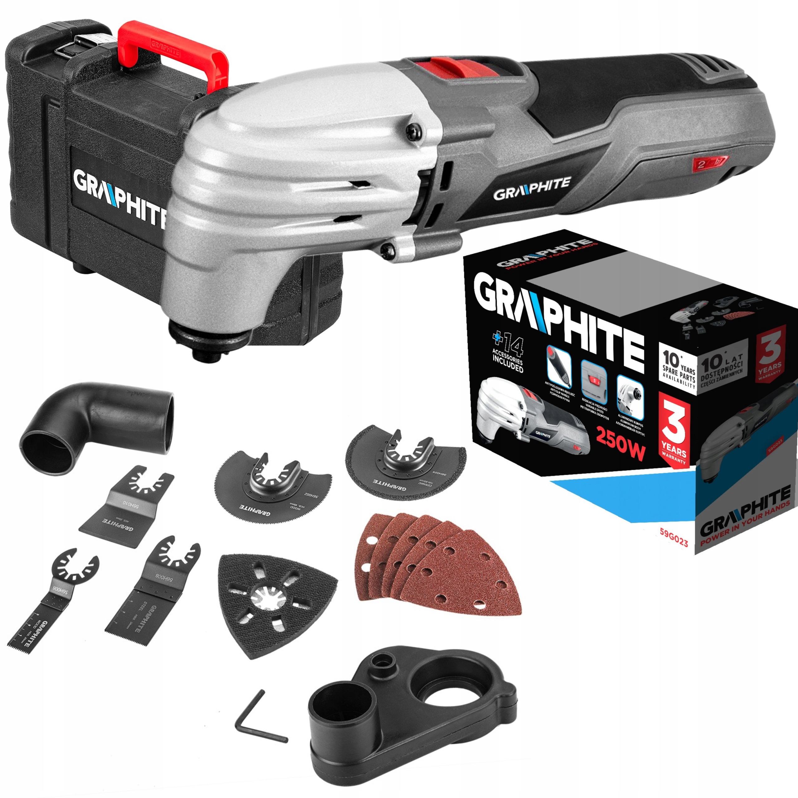 GRAPHITE URZĄDZENIE WIELOFUNKCYJNE SZLIFIERKA 250W + OSPRZĘT REGULACJA OBR.
