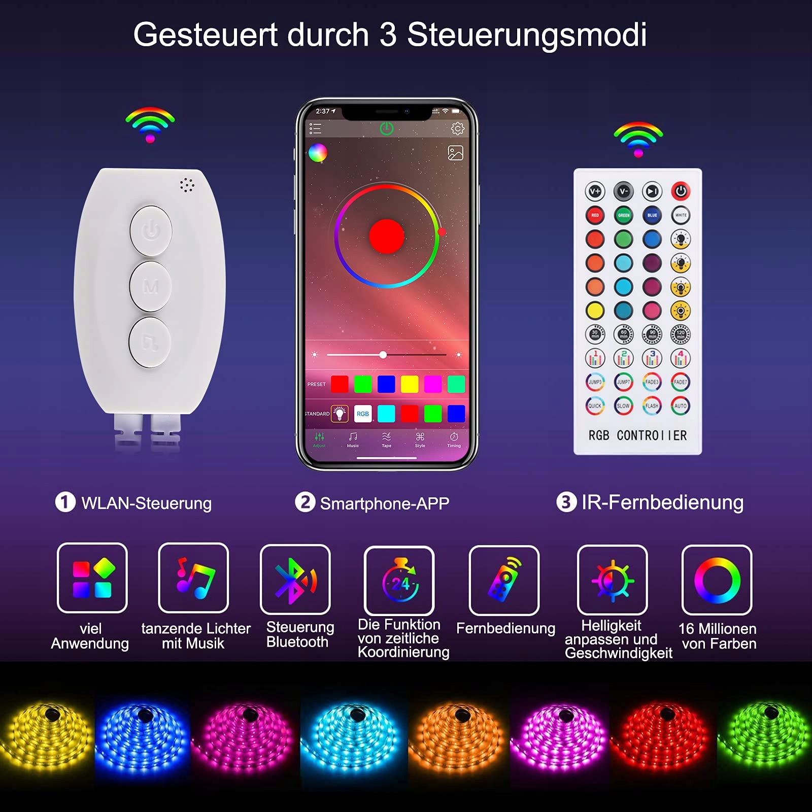 ALED LIGHT Bluetooth Wodoodporne Taśmy LED RGB 10M Z Pilotem i Zasilaczem — miniatura 2