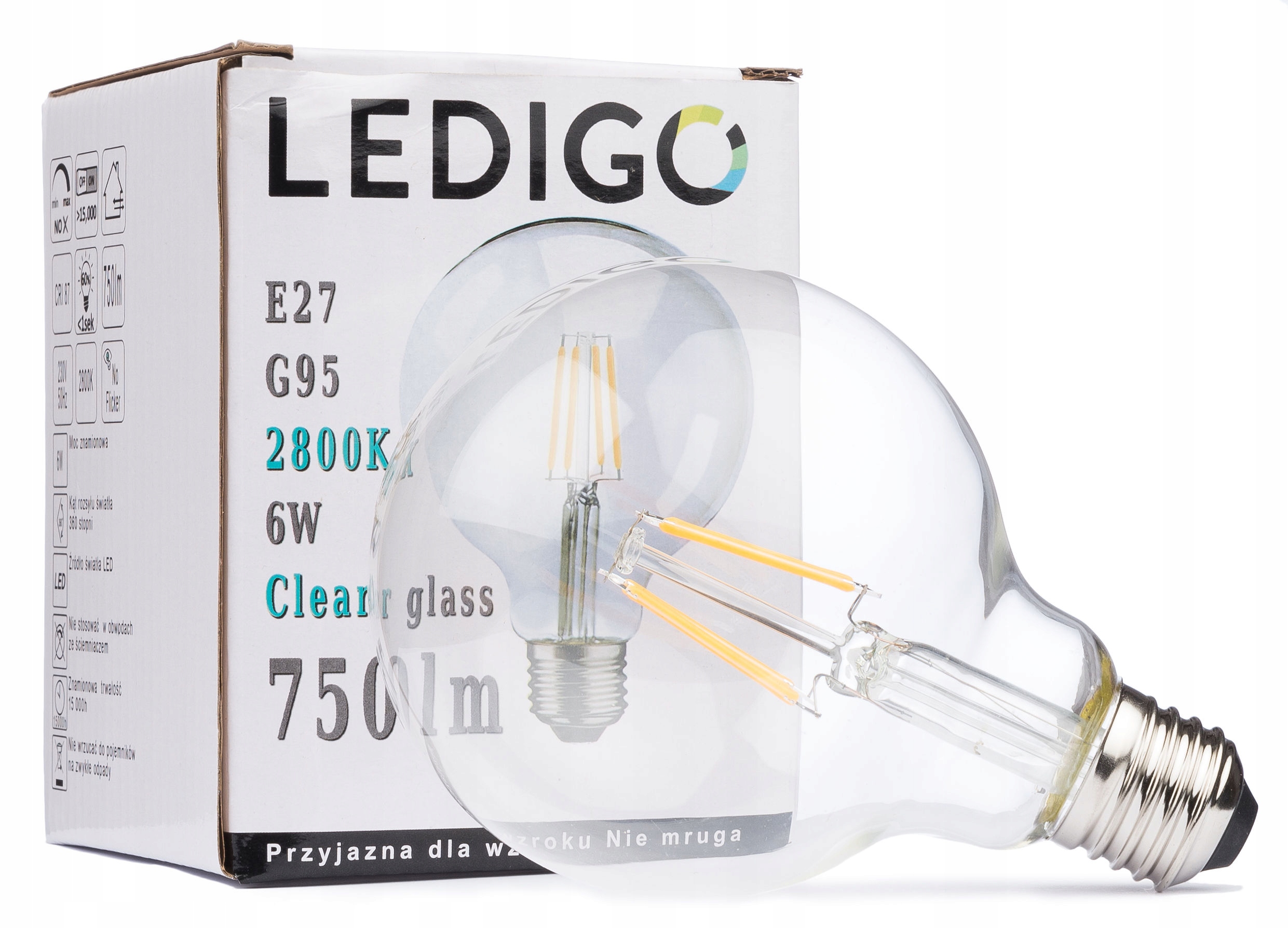 

Żarówka E27 G95 Filament 6W clear
