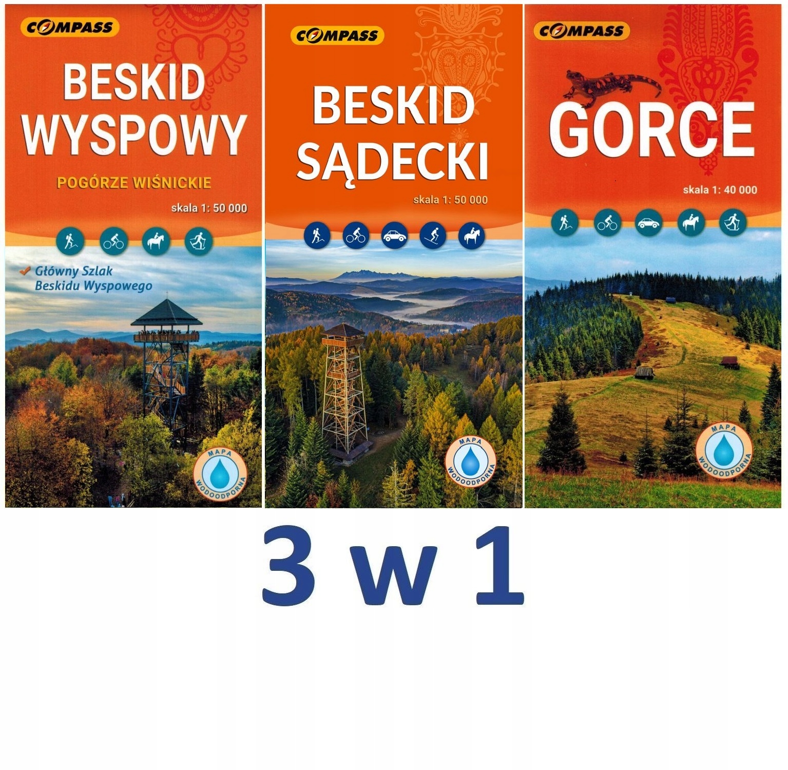 BESKID WYSPOWY SĄDECKI GORCE MAPA TURYSTYCZNA LAMINOWANA COMPASS ZESTAW x 3
