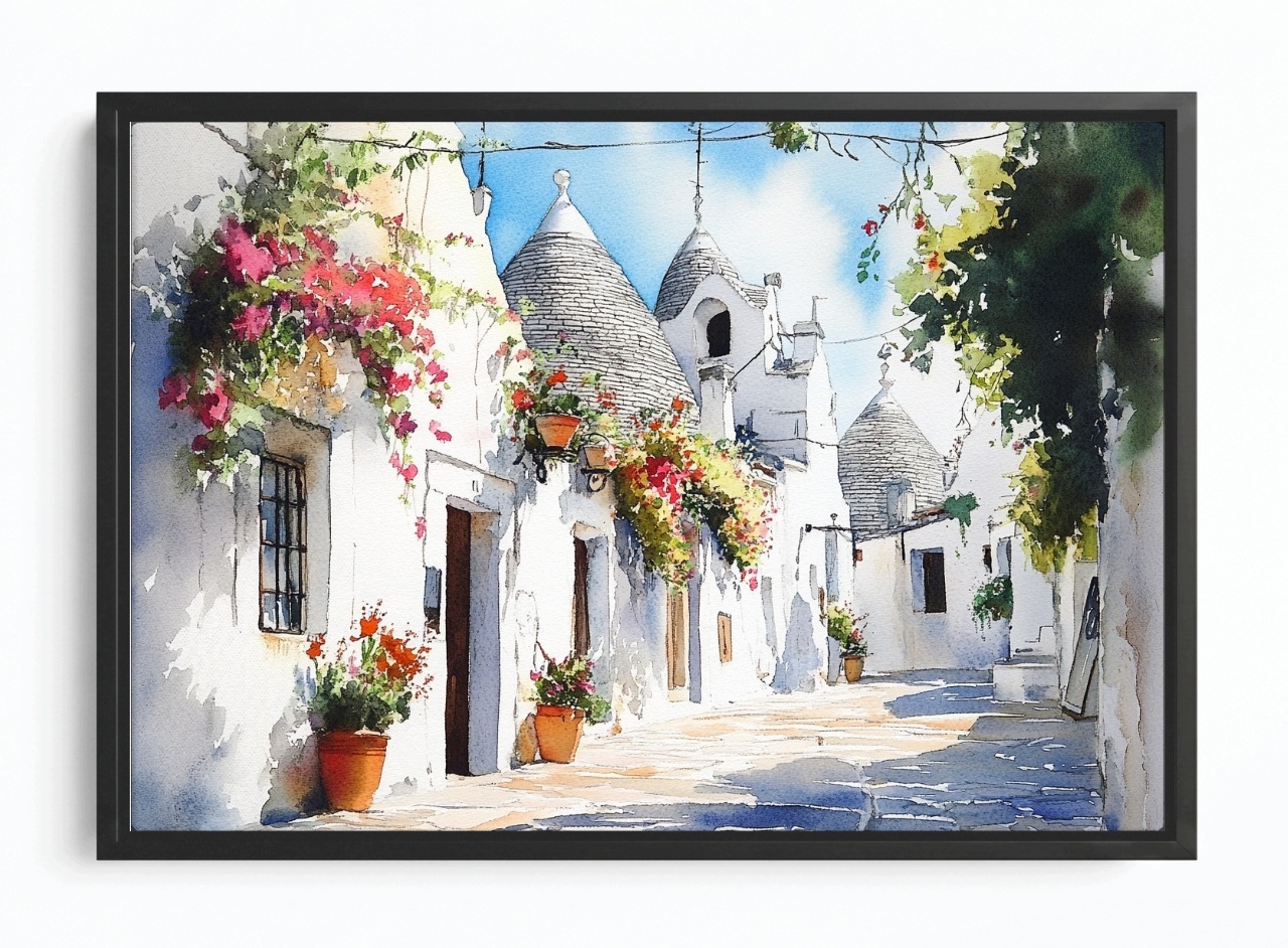 Obraz Rám American Box Itálie Apulia Alberobello Domky Trulli Pohled 60x40