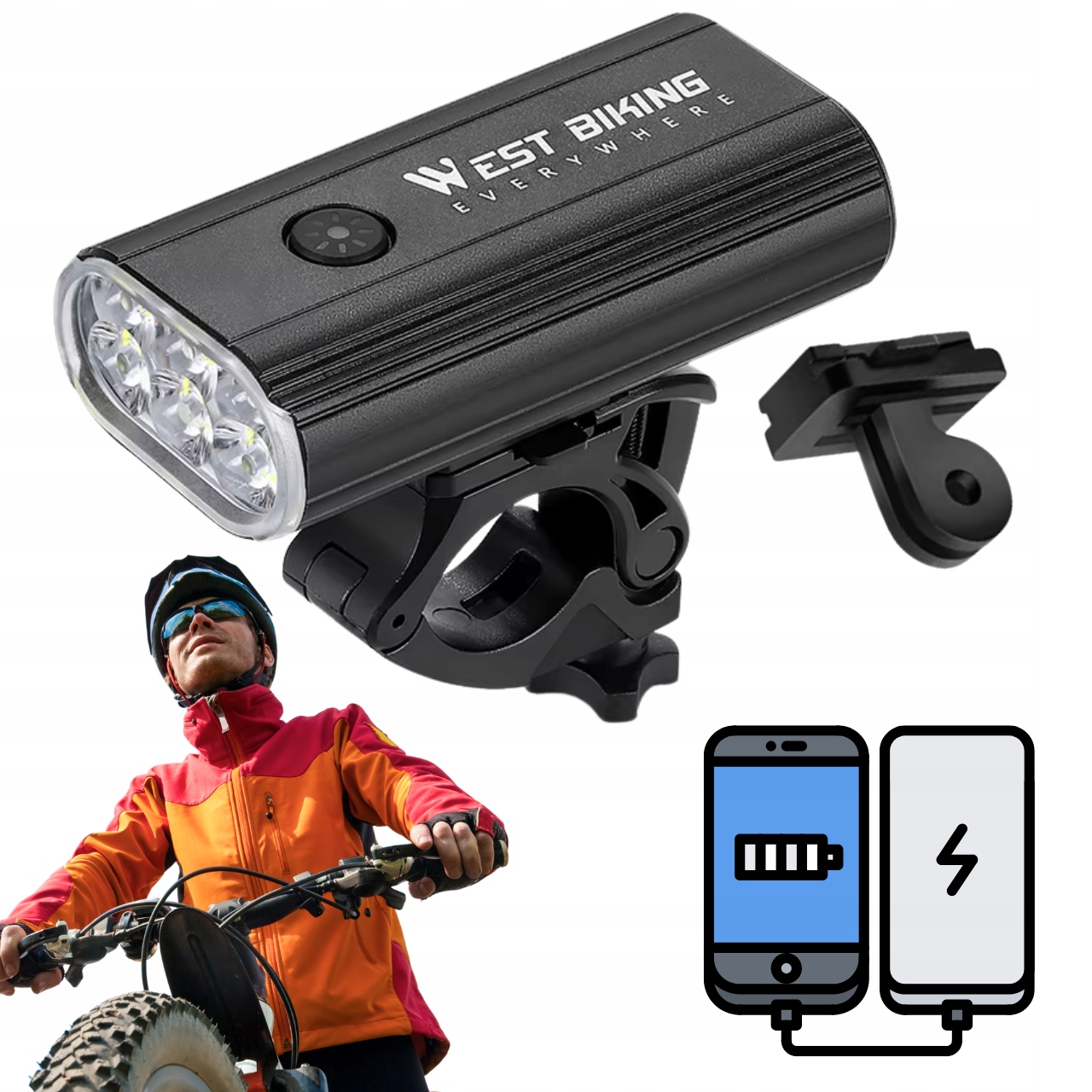 Aluminiowa lampka rowerowa Led przednia Powerbank przód mocna 1500lm Usb C