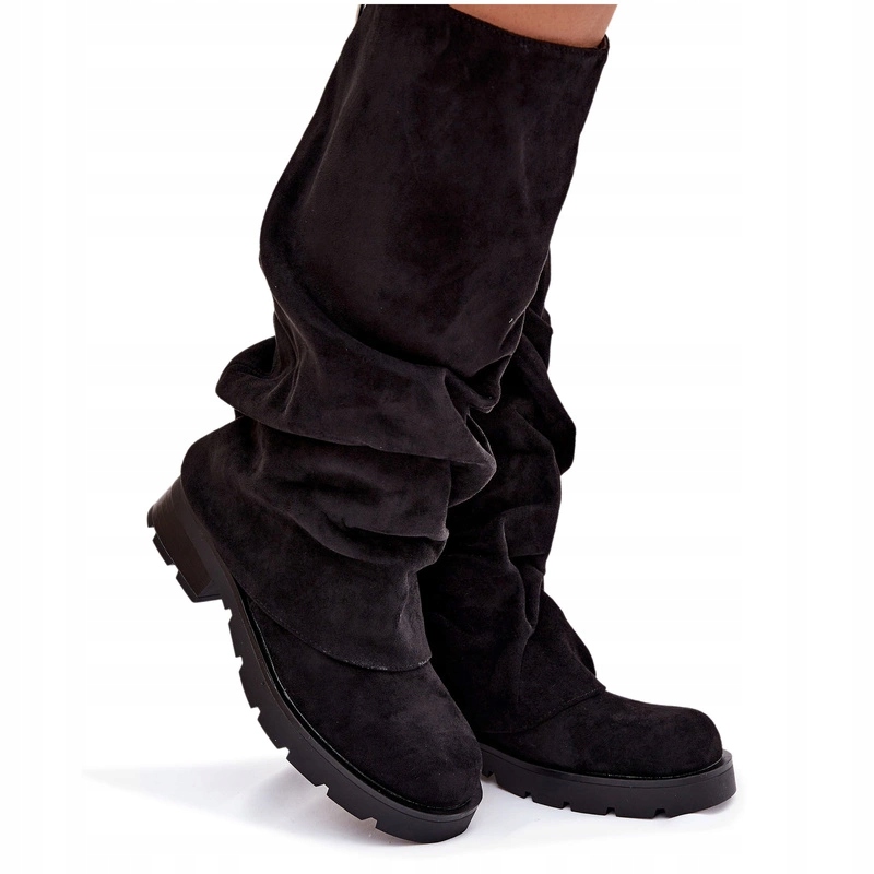 Dámské Eko Semišové Zateplené Kozačky S Nazouvacími Volánky, Černé, Velikost 38