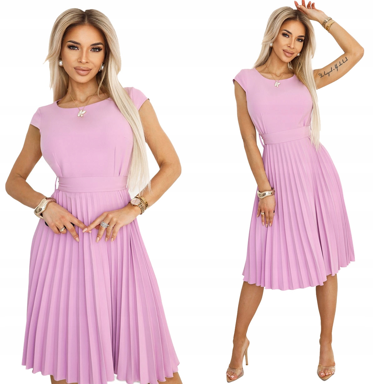 Elegantní Plisovaná Šaty S Páskem A Krátkým Rukávem Vřesová 2XL