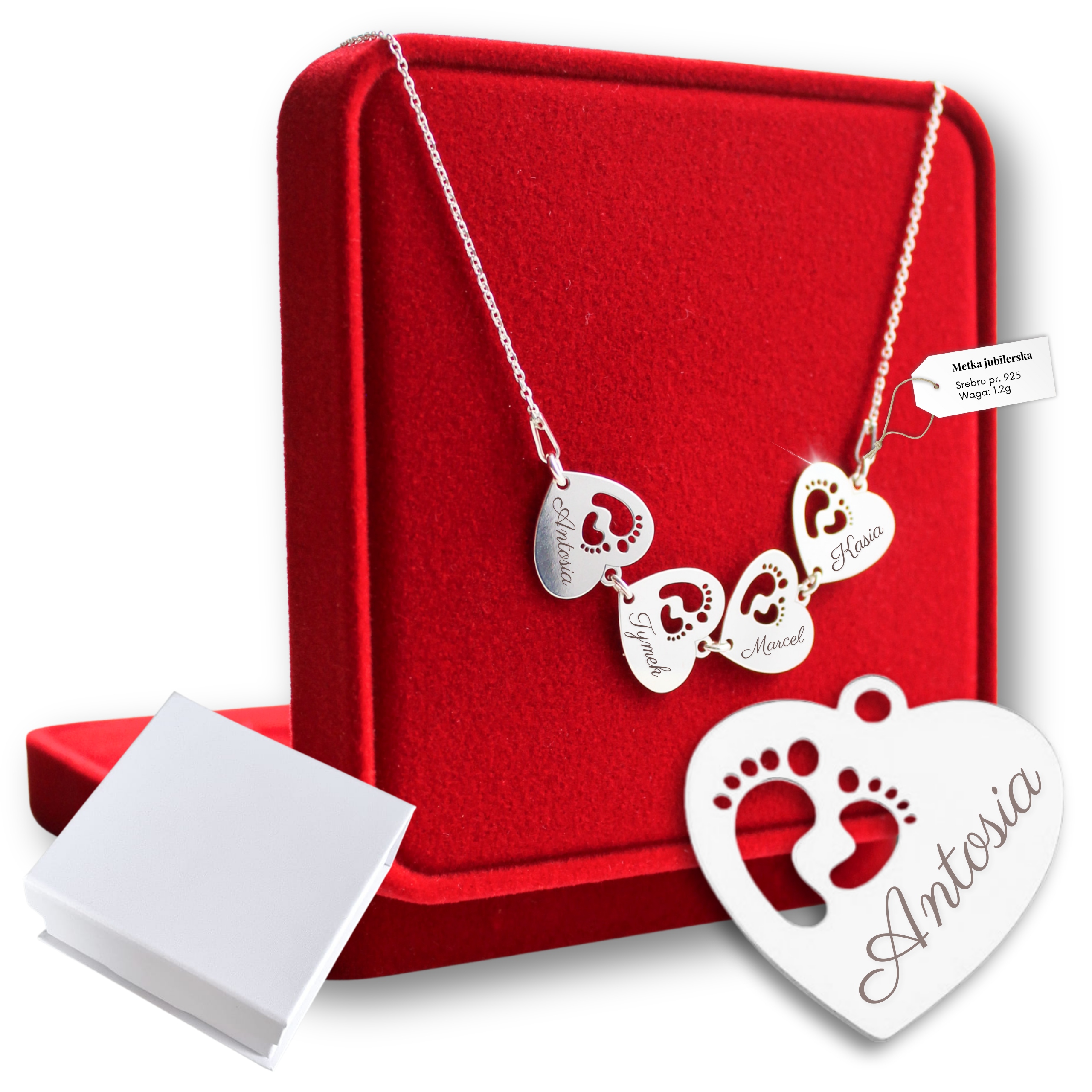 Stříbrný Řetízek Náhrdelník Čtyři srdce Nohy 925 Gravírování Dárek pro maminku