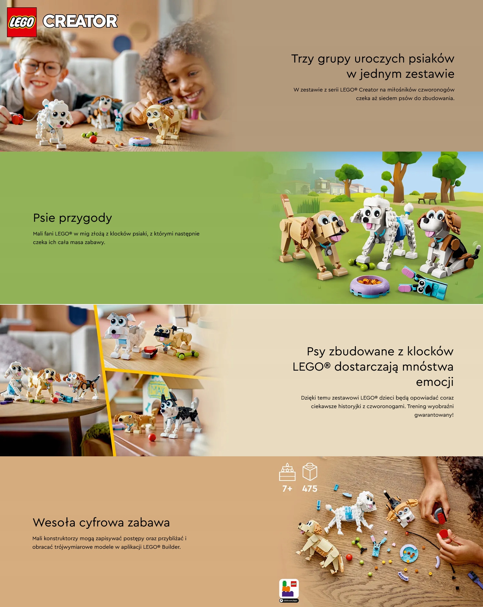 LEGO CREATOR UROCZE PSIAKI 3W1 PIESKI PSY KLOCKI ZESTAW DLA DZIECI 3 W 1 7+ Marka LEGO
