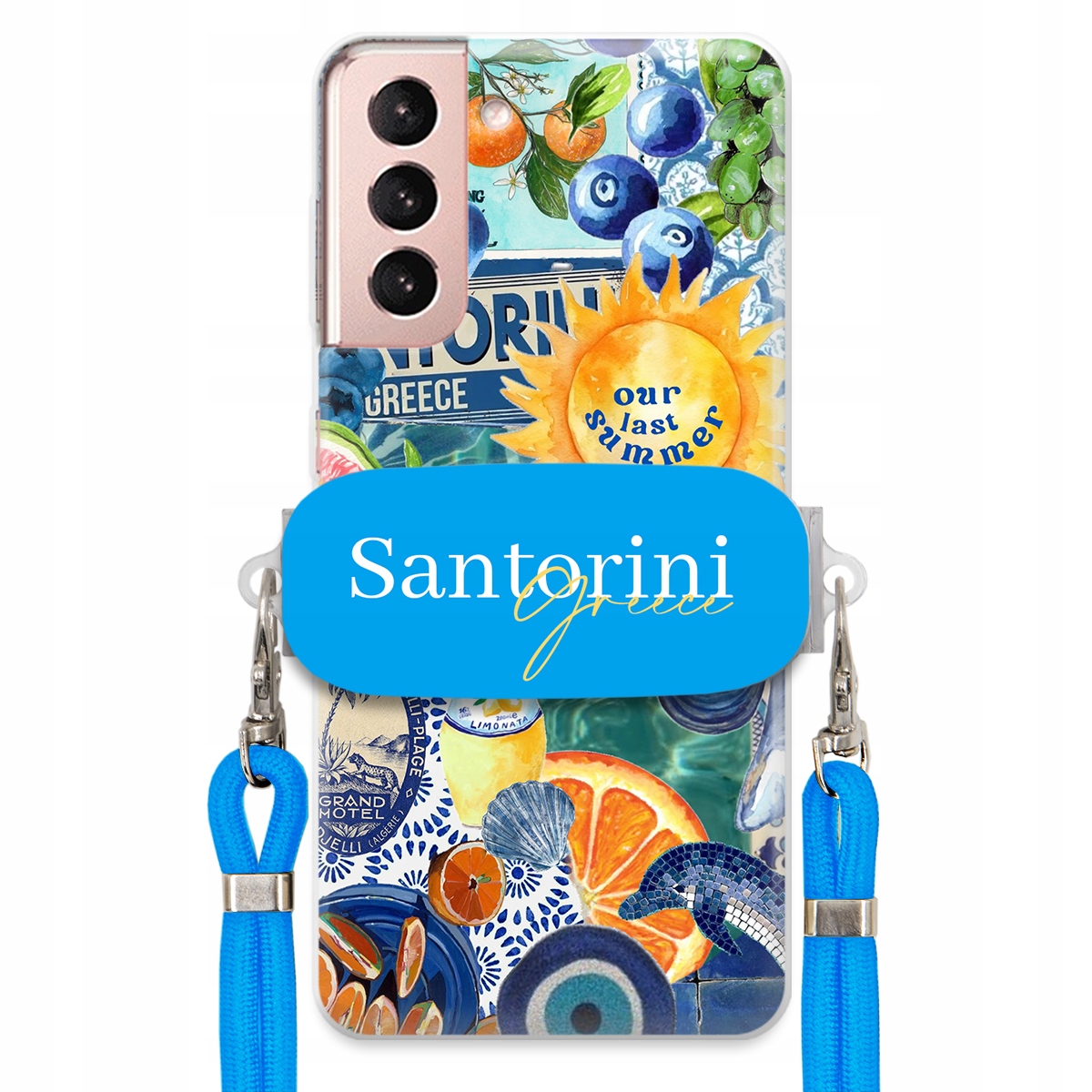Puzdro pre Samsung S21 Modré Crossbody vodítko držiak Santorini Sea Vibes