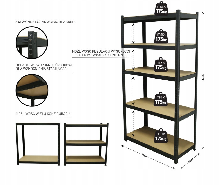 Garážový regál 180x90x45 cm 5 polic x 175 kg Kovový silný skladovací Mdf