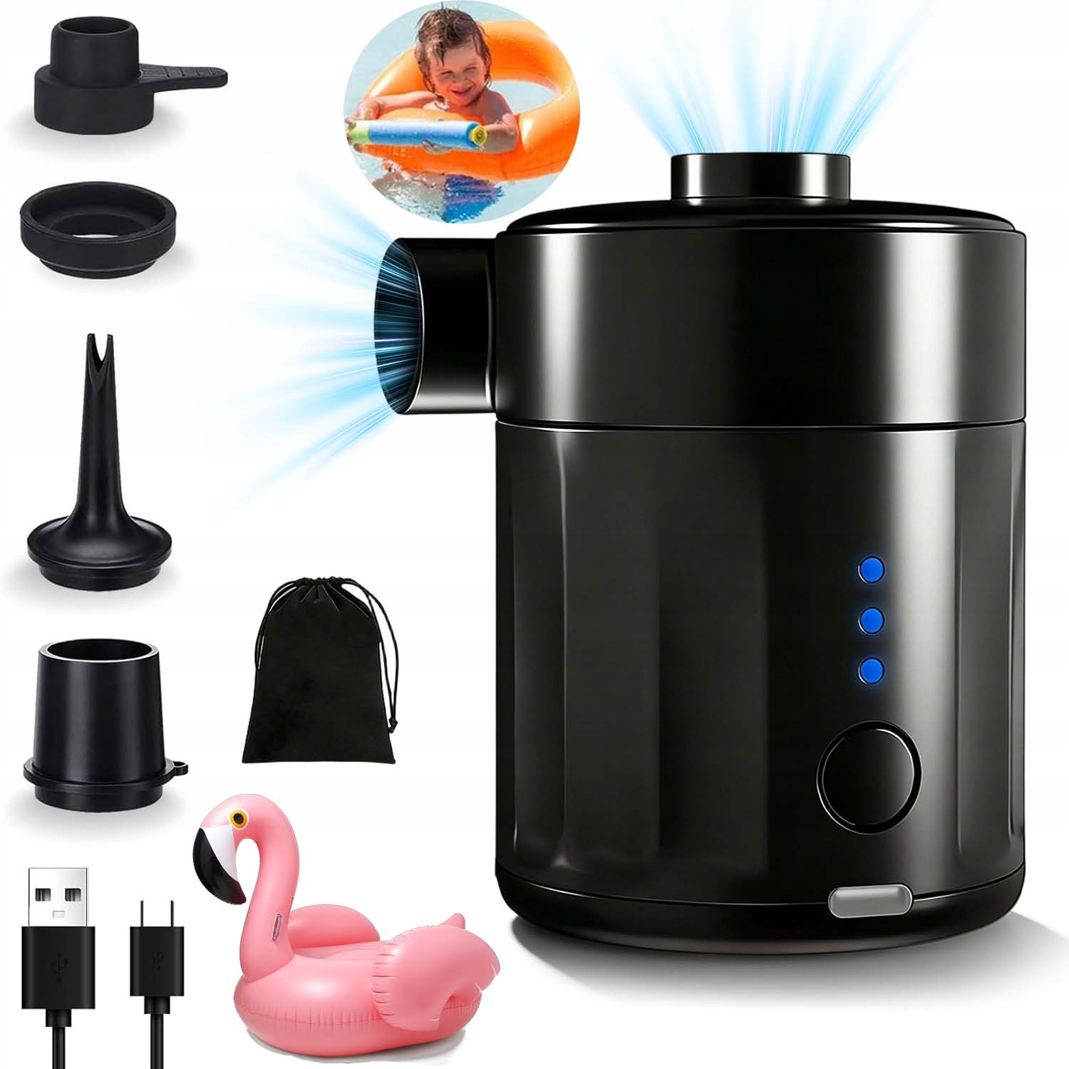 Pompka Dwufunkcyjna Czarna 4 Końcówki, Usb, 4000MAH, Kompaktowa, Trwała