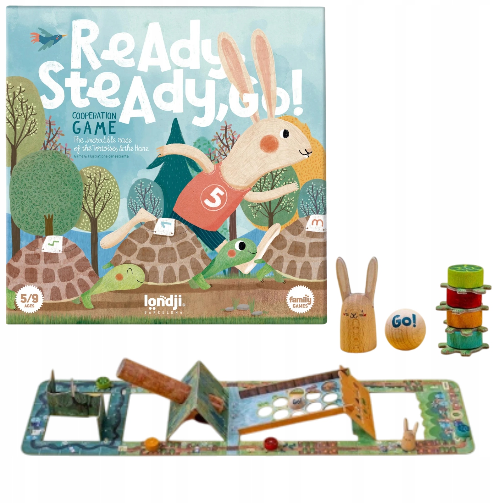 Gra planszowa zając i żółw kooperacyjna współpraca Ready Steady Go Londji
