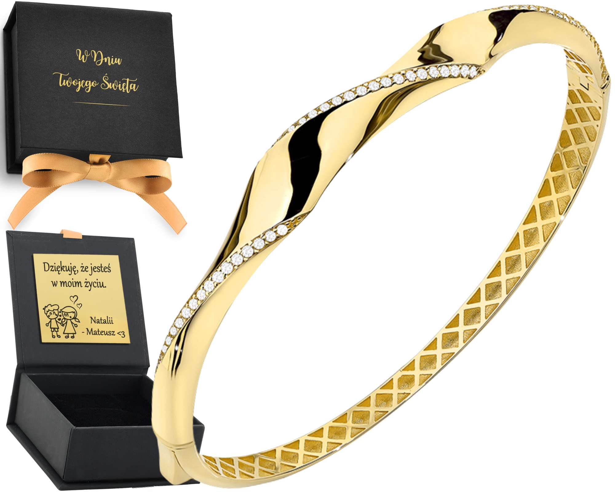 Zlatý náramek z pevného vlnitého materiálu zdobený zirkony 585 s certifikátem