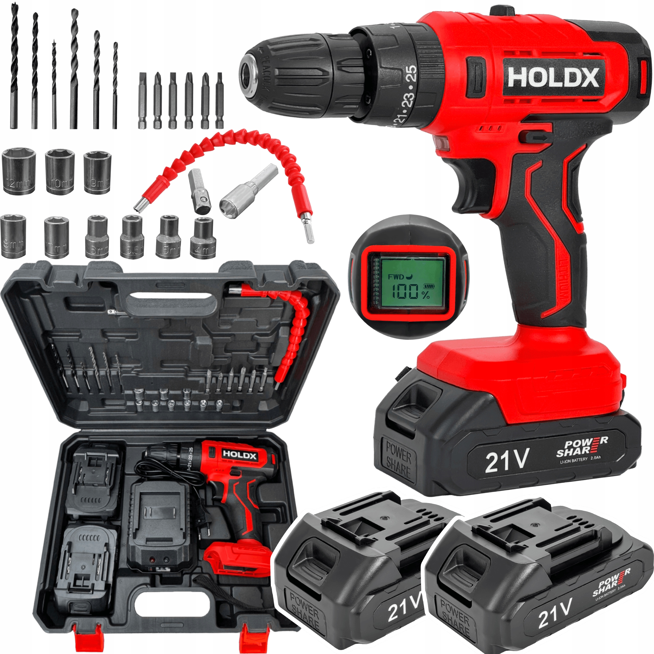 Aku Vrtačka Holdx 21V 2.0Ah S Flexibilním Prodloužením, Sada Bitů