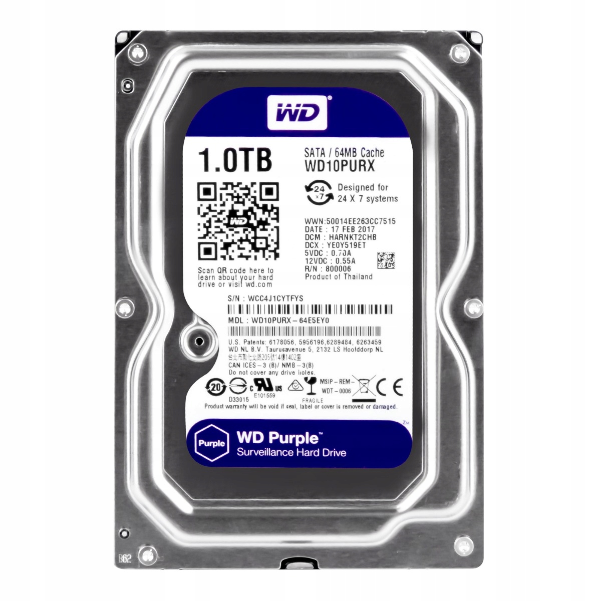 Wd Purple 1TB 7.2K 64MB Sata III 3.5'' WD10PURX
