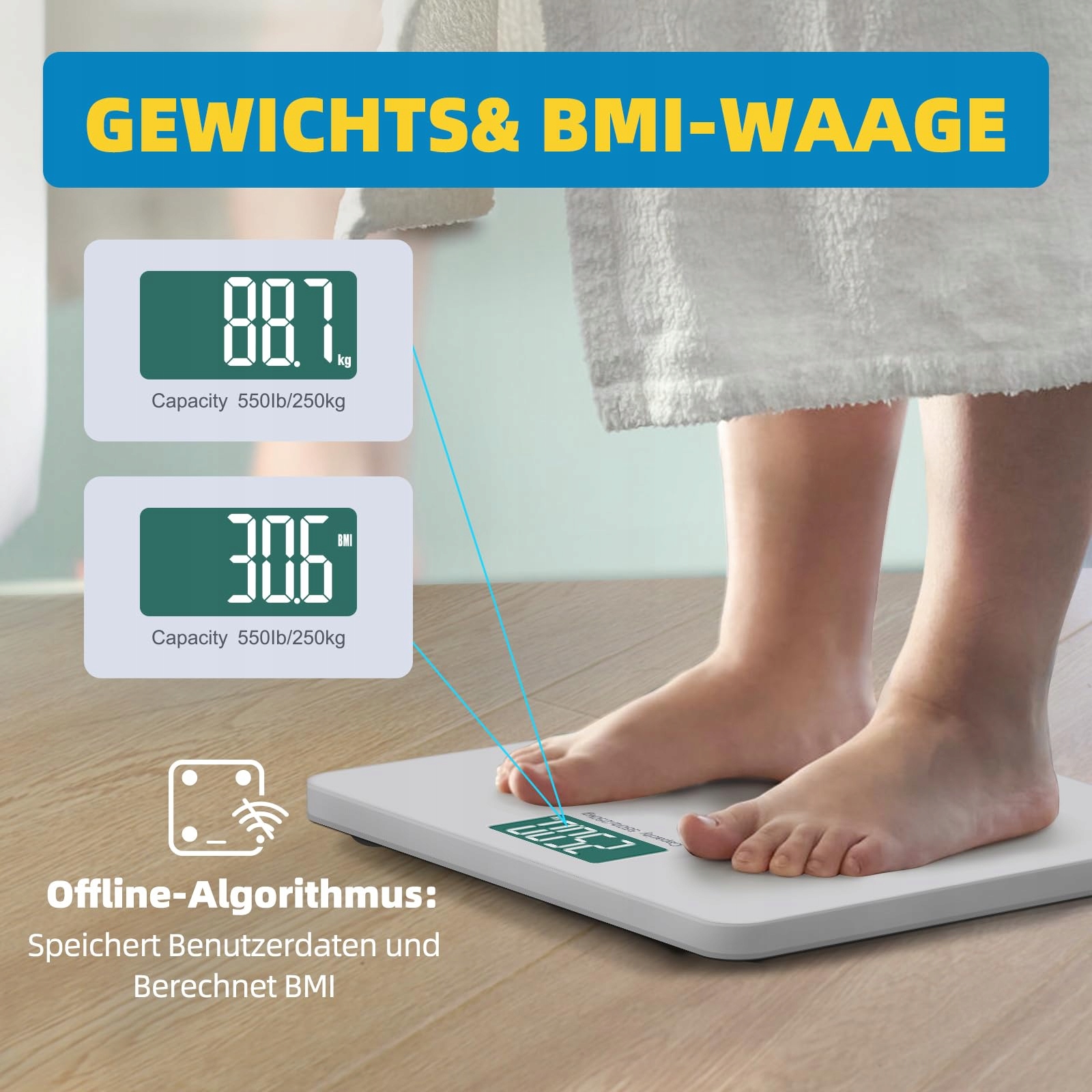 LEPULSE S5 Waga Cyfrowa 250kg Bluetooth BMI Aplikacja Szeroka Platforma — miniatura 4